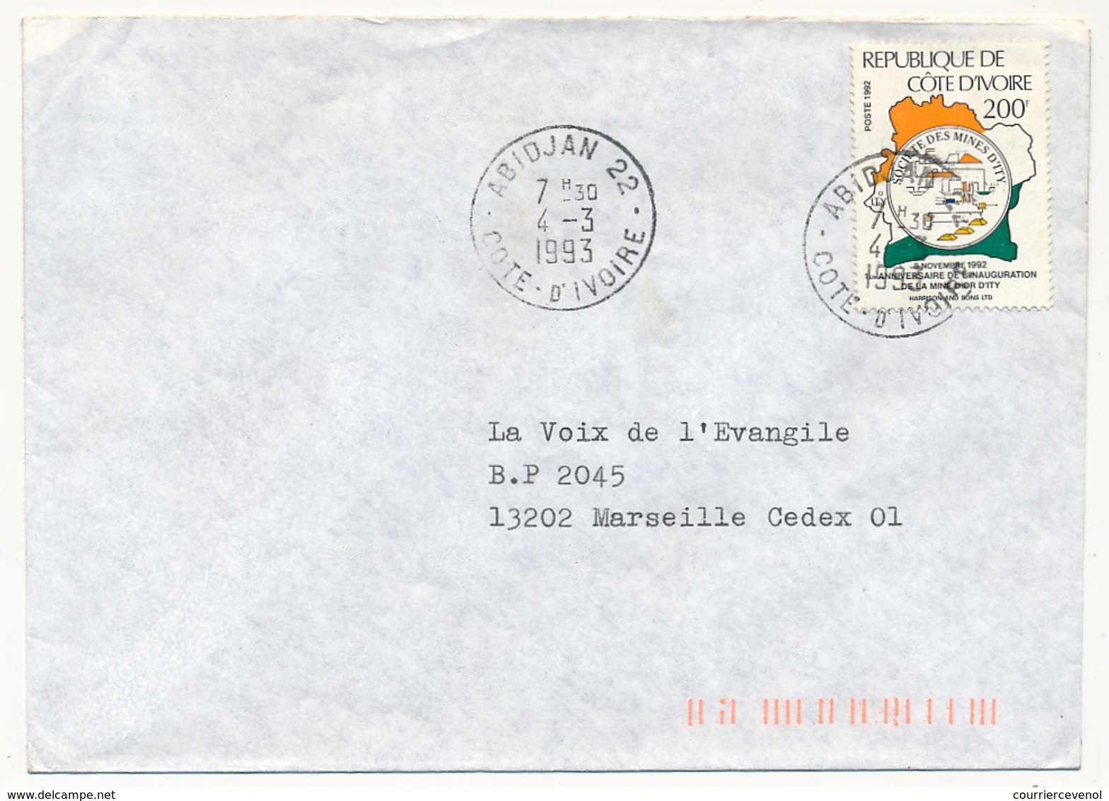 Côte D'Ivoire => Env. Depuis ABIDJAN 22 - 4/3/1993 - Affr 200f Anniversaire Inauguration Mine D'Or D'Ity - Côte D'Ivoire (1960-...)