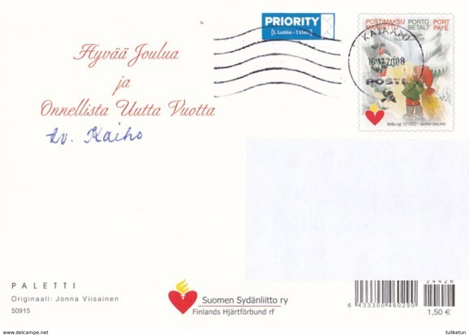Postal Stationery - Birds - Bullfinches - Elves Coming - Finnish Heart Association 2008 - Suomi Finland - Postage Paid - Entiers Postaux