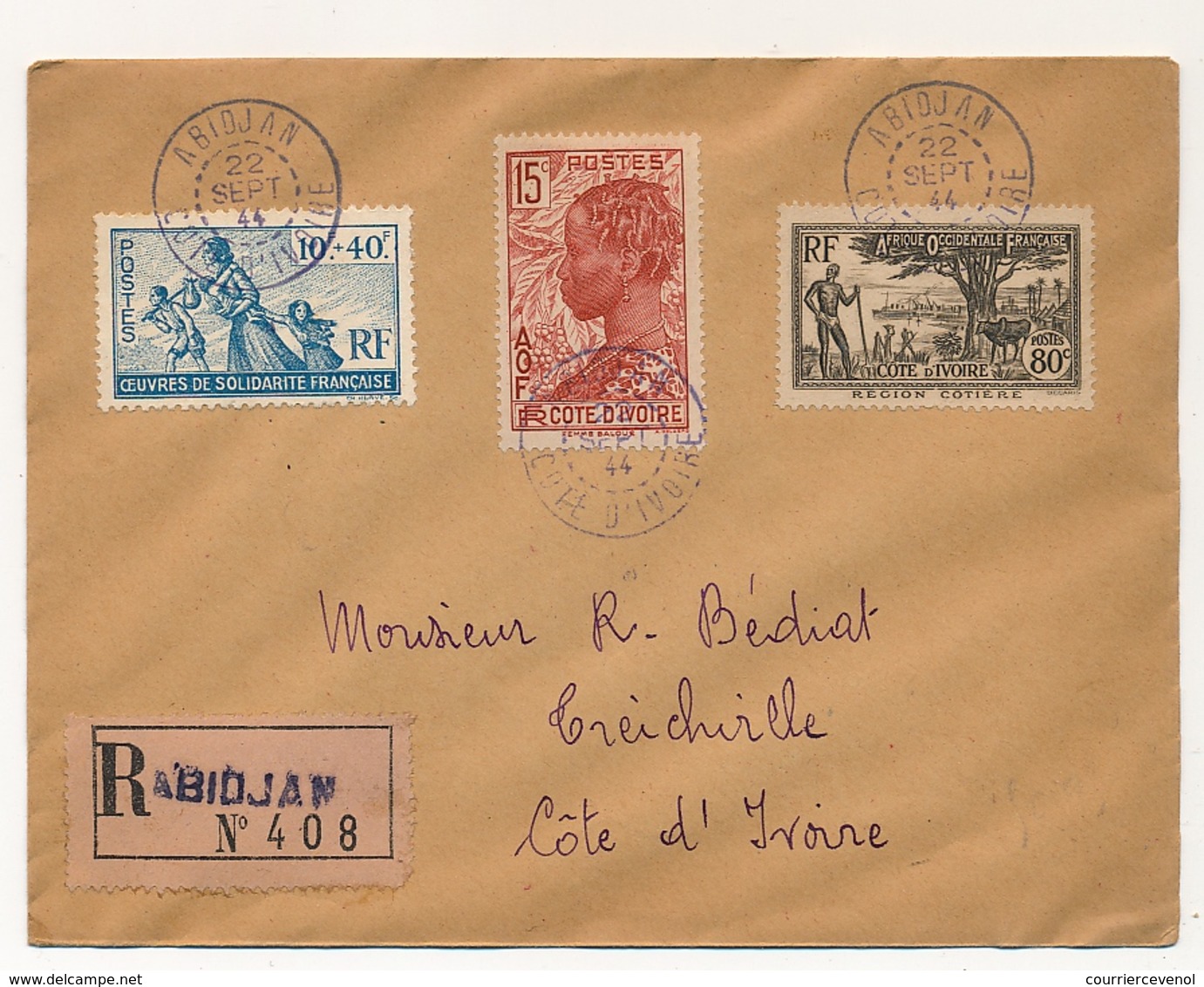 Côte D'Ivoire => Enveloppe Affr. Composé Depuis ABIDJAN 22/9/1944 - Recommandée - Affr Composé - Covers & Documents