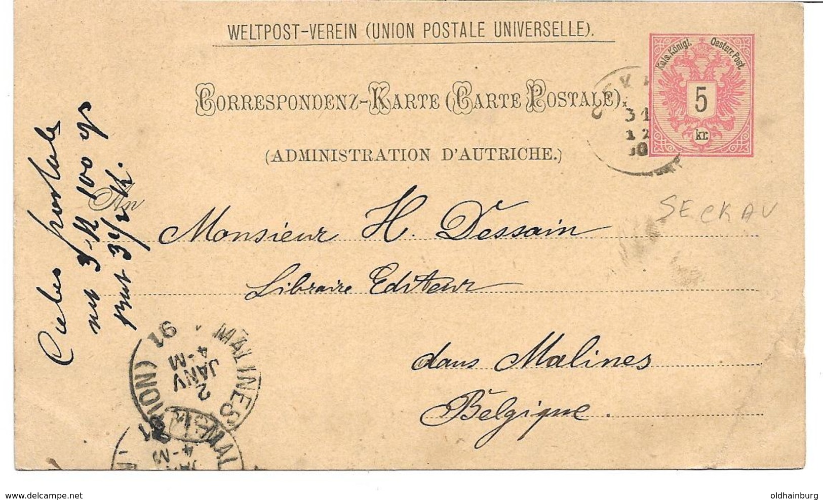 3075f: Postkarte Von Der Abtei Seckau Nach Belgien 30.12.1890 (Knick Rechts Unten) - Knittelfeld