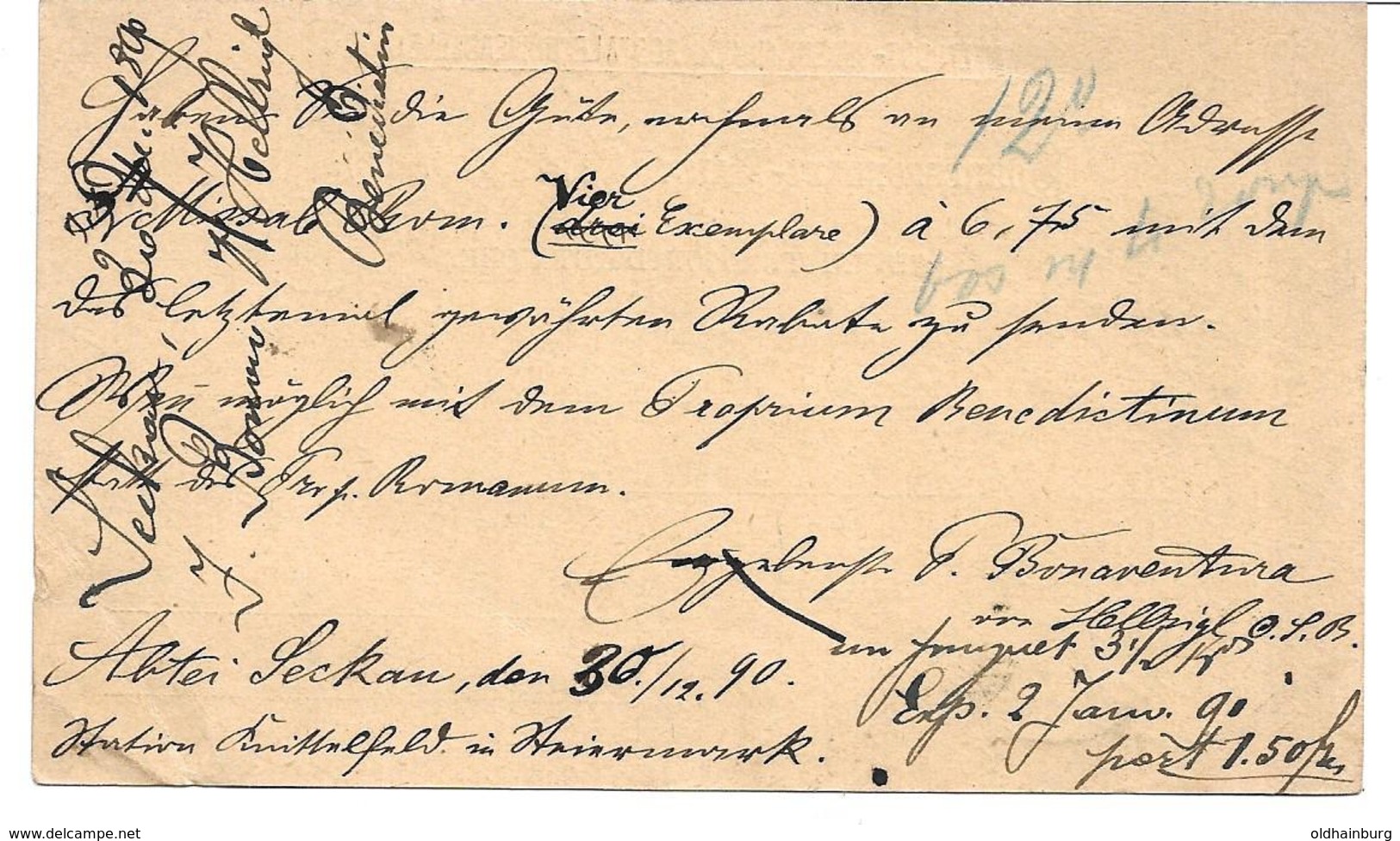 3075f: Postkarte Von Der Abtei Seckau Nach Belgien 30.12.1890 (Knick Rechts Unten) - Knittelfeld