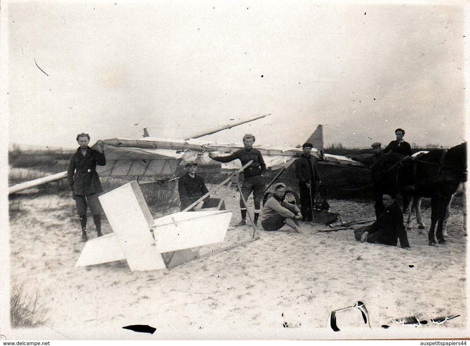 Photo Originale Groupe De Jeunes Pilotes Ingénieurs & Crash D'Avion Léger Tiré Par Un Cheval Sur La Plage Vers 1910/20 - Aviation