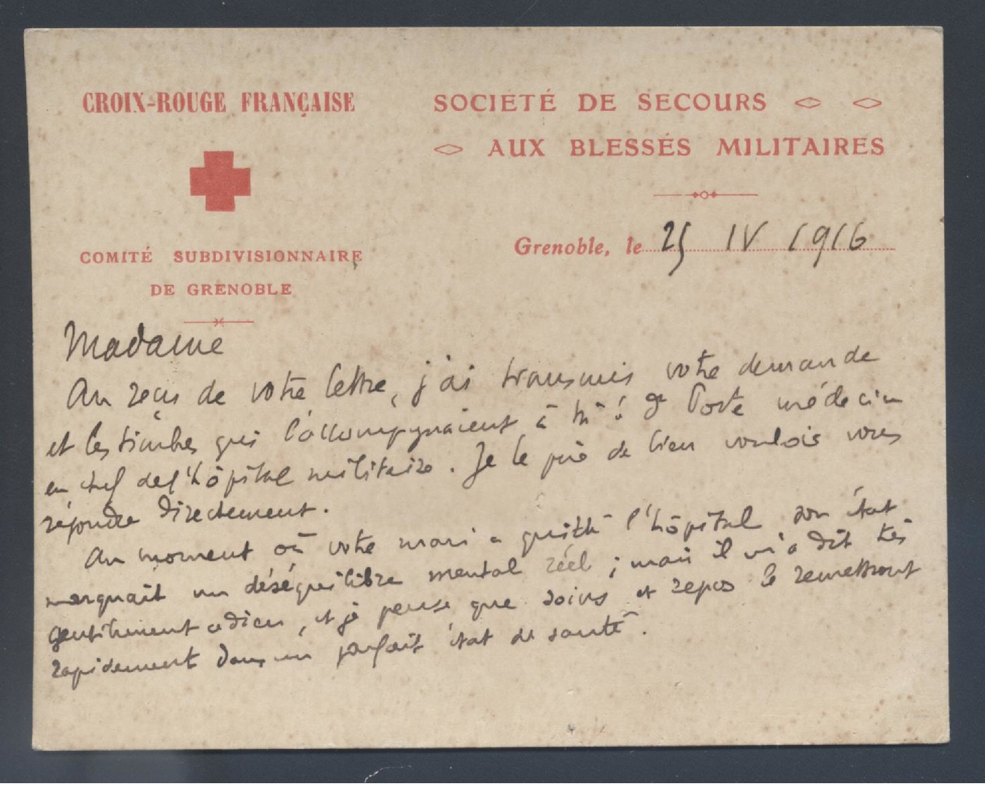 Carte De La Croix Rouge Française Comité De Grenoble Société De Secours Aux Blessés Militaires 1916 Hôpital  A N° 8 - Documents Historiques