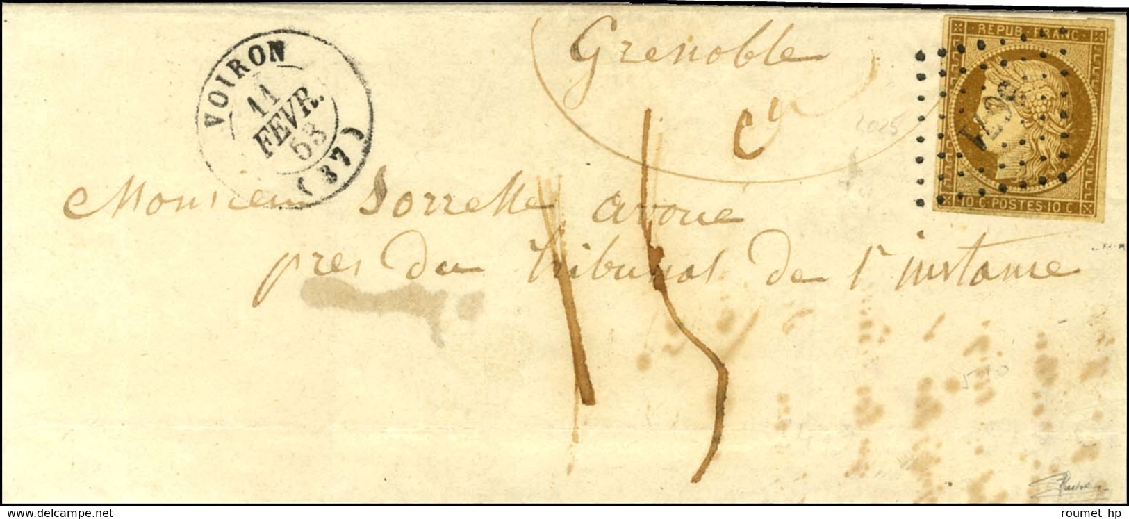 PC 3671 / N° 1 Bistre Brun Belles Marges Càd T 15 VOIRON (37) Sur Lettre Insuffisamment Affranchie Pour Grenoble Taxée 1 - 1849-1850 Ceres