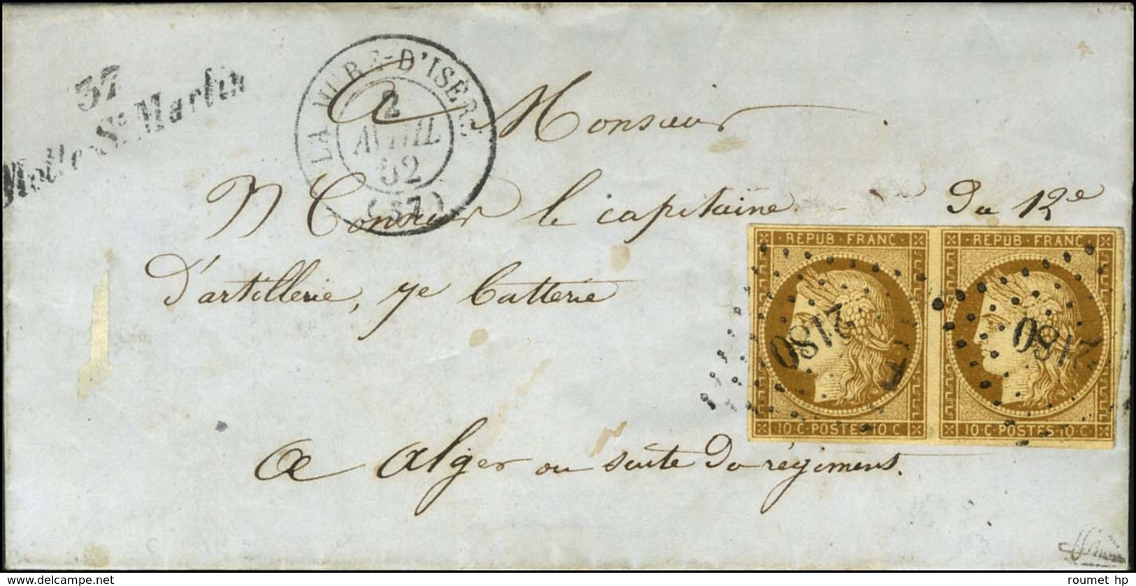 PC 2180 / N° 1 Paire Bistre Brun Càd T 15 LA MURE D'ISERE (37) Cursive 37 / Motte St Martin Sur Lettre Au Tarif De Milit - 1849-1850 Ceres