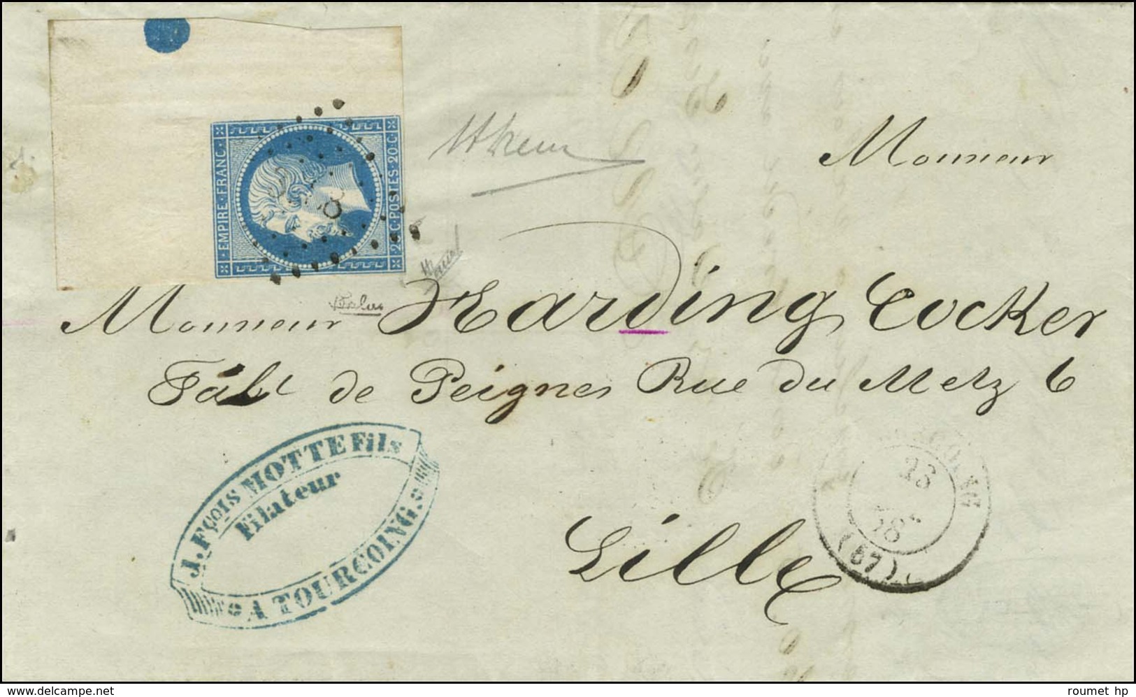 PC 3388 / N° 14 Coin De Feuille Intégral Avec Rond De Repère Càd T 15 TOURCOING (57) Sur Lettre Pour Lille. 1858. - SUP. - 1853-1860 Napoléon III