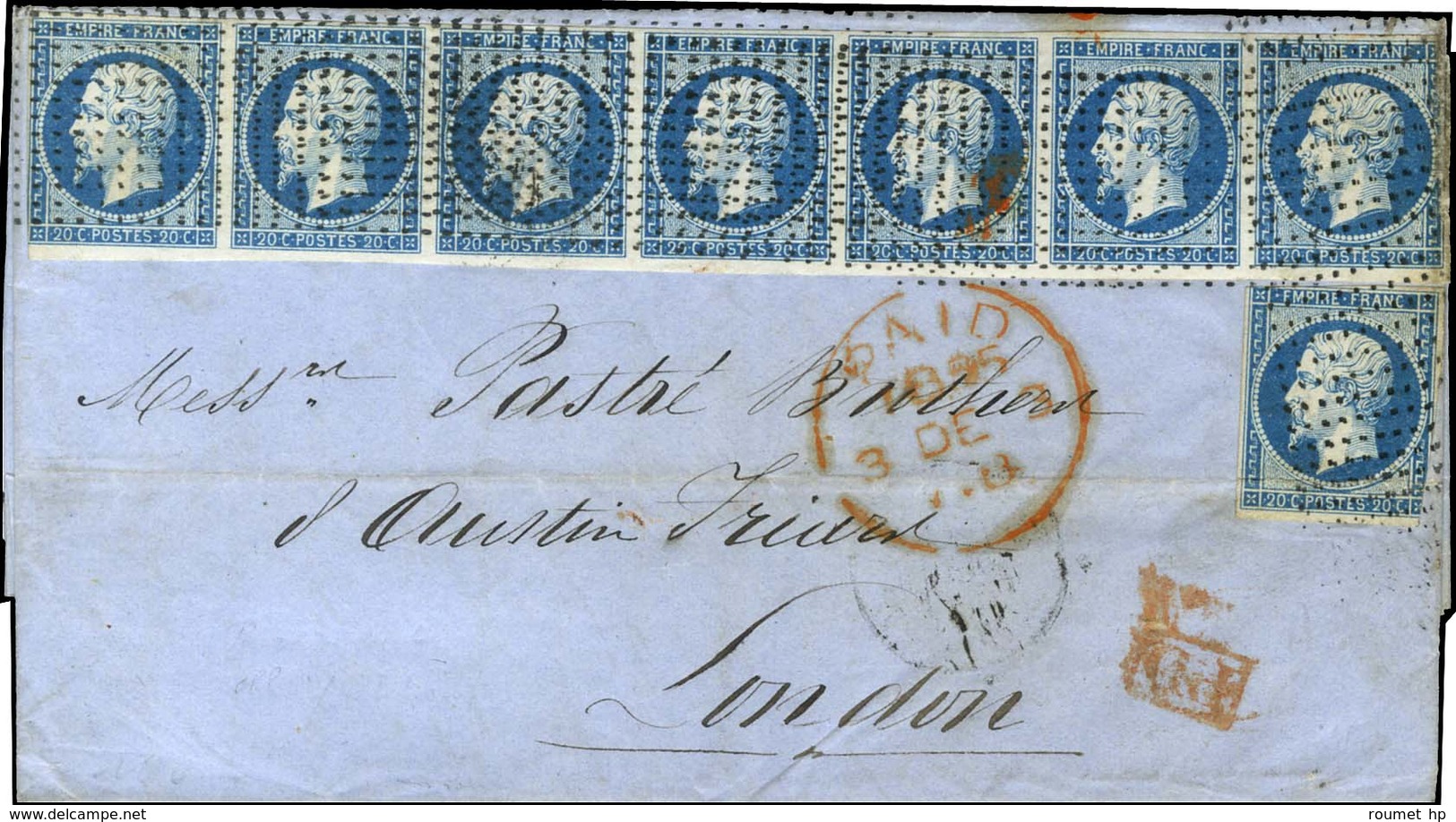 Rouleau De Pointillés / N° 14 Bande De 7 (1 Ex Def) + 1 Ex (def) Sur Lettre 4 Ports Pour Londres. 1855. - TB / SUP. - R. - 1853-1860 Napoléon III