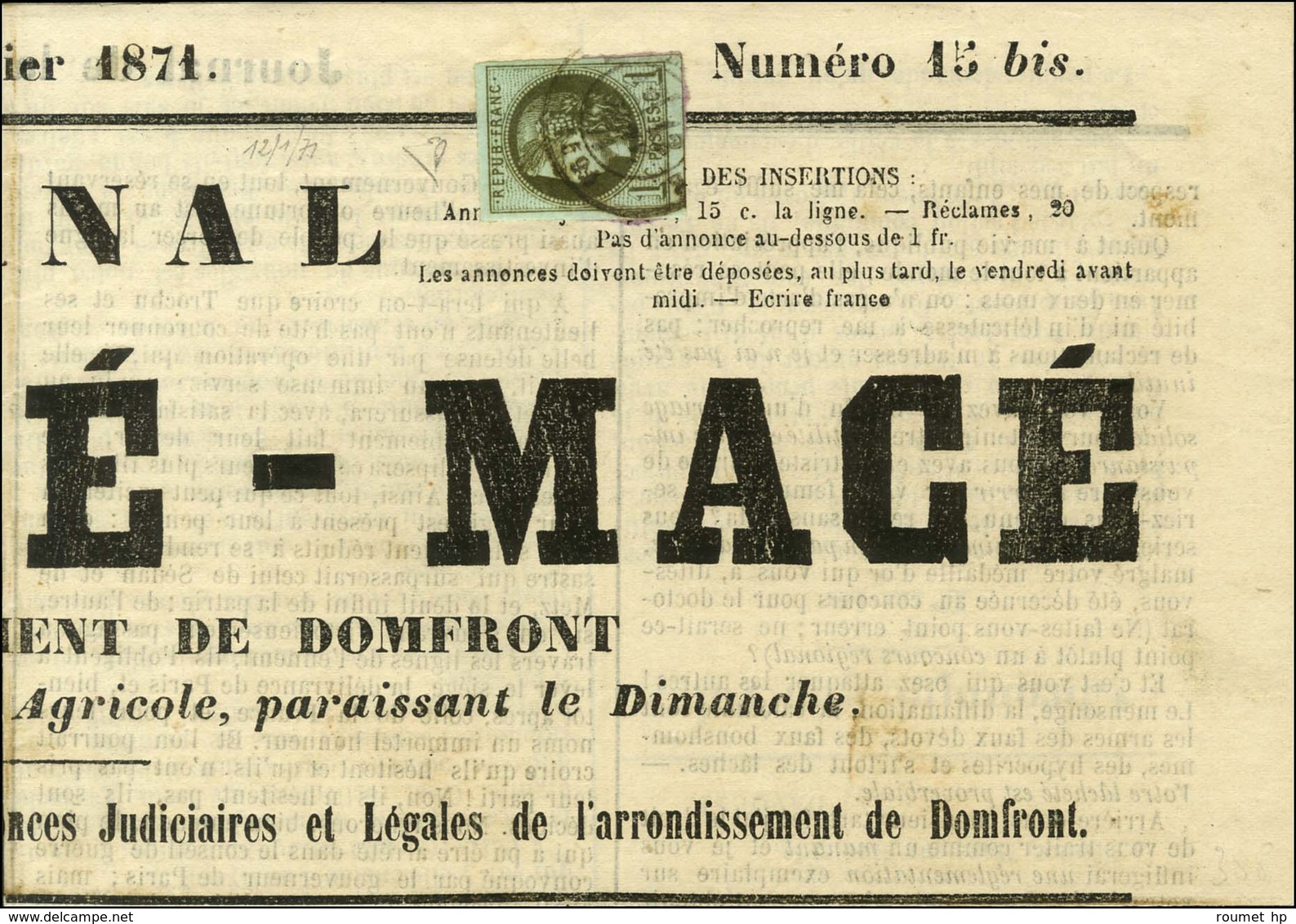 Càd LA FERTE-MACE (59) / N° 39 Superbes Marges Sur Journal De La Ferté-Macé Daté Du 12 Janvier 1871. - SUP. - R. - 1870 Emisión De Bordeaux