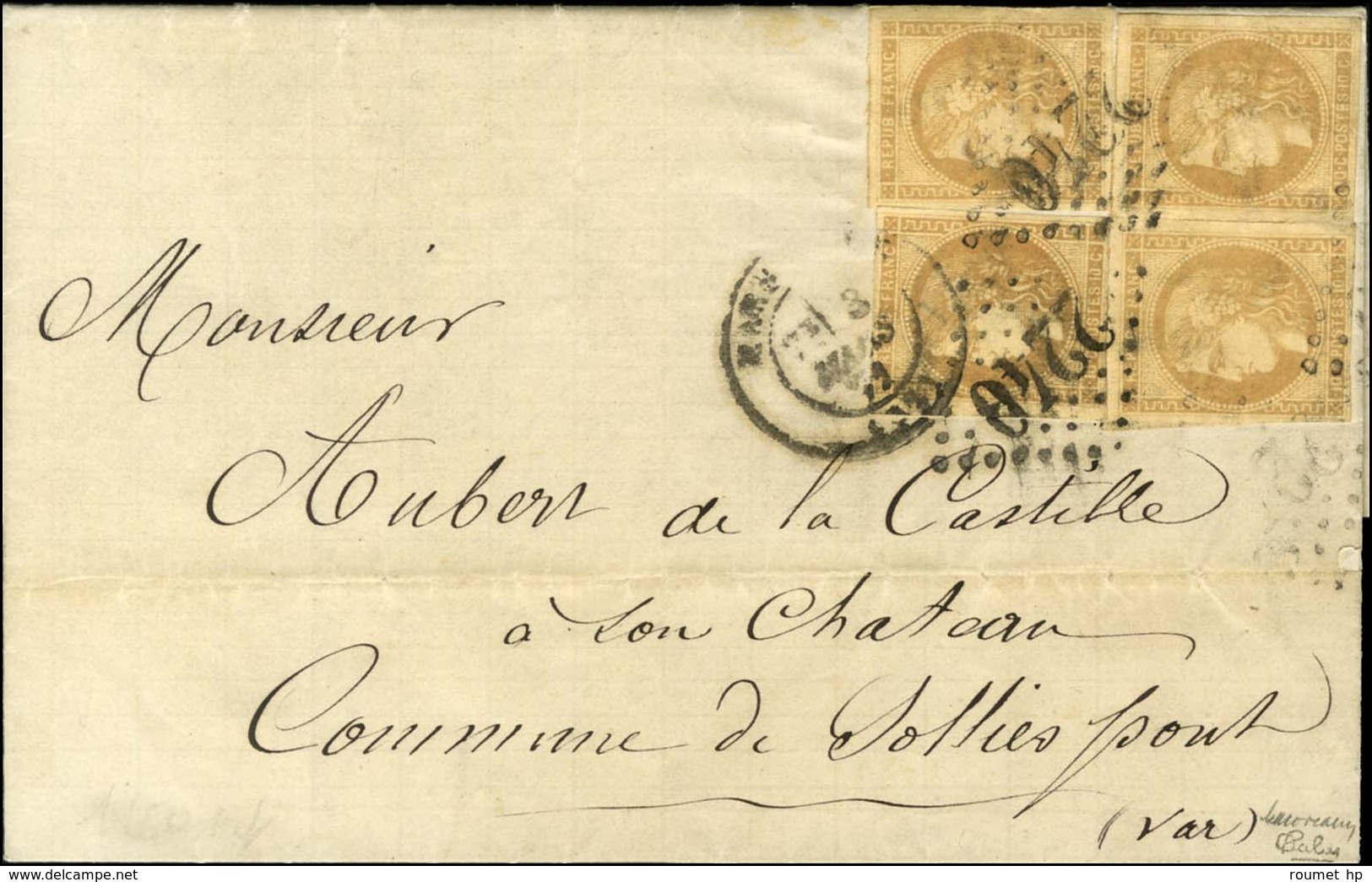 GC 2240 / N° 43 (4 Ex. Formant Bloc De 4) Belle Nuance Proche Du Verdâtre Càd T 17 MARSEILLE (12) Sur Lettre 2 Ports. 18 - 1870 Emisión De Bordeaux