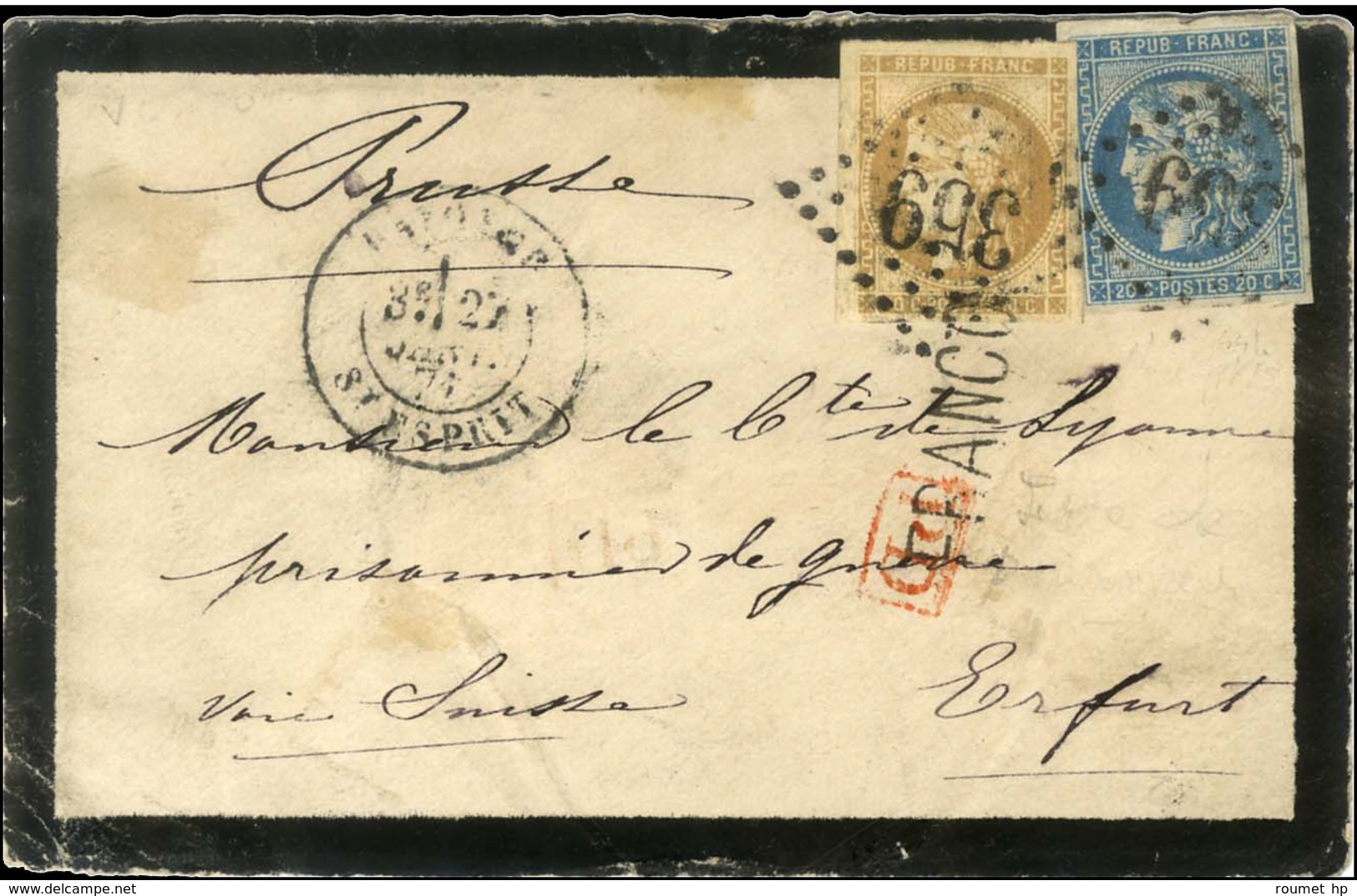 GC 359 / N° 43 + 46 Càd BAYONNE / St ESPRIT Sur Lettre Pour Un Prisonnier De Guerre à Erfurt, Au Recto Griffe FRANCO. 18 - 1870 Emisión De Bordeaux