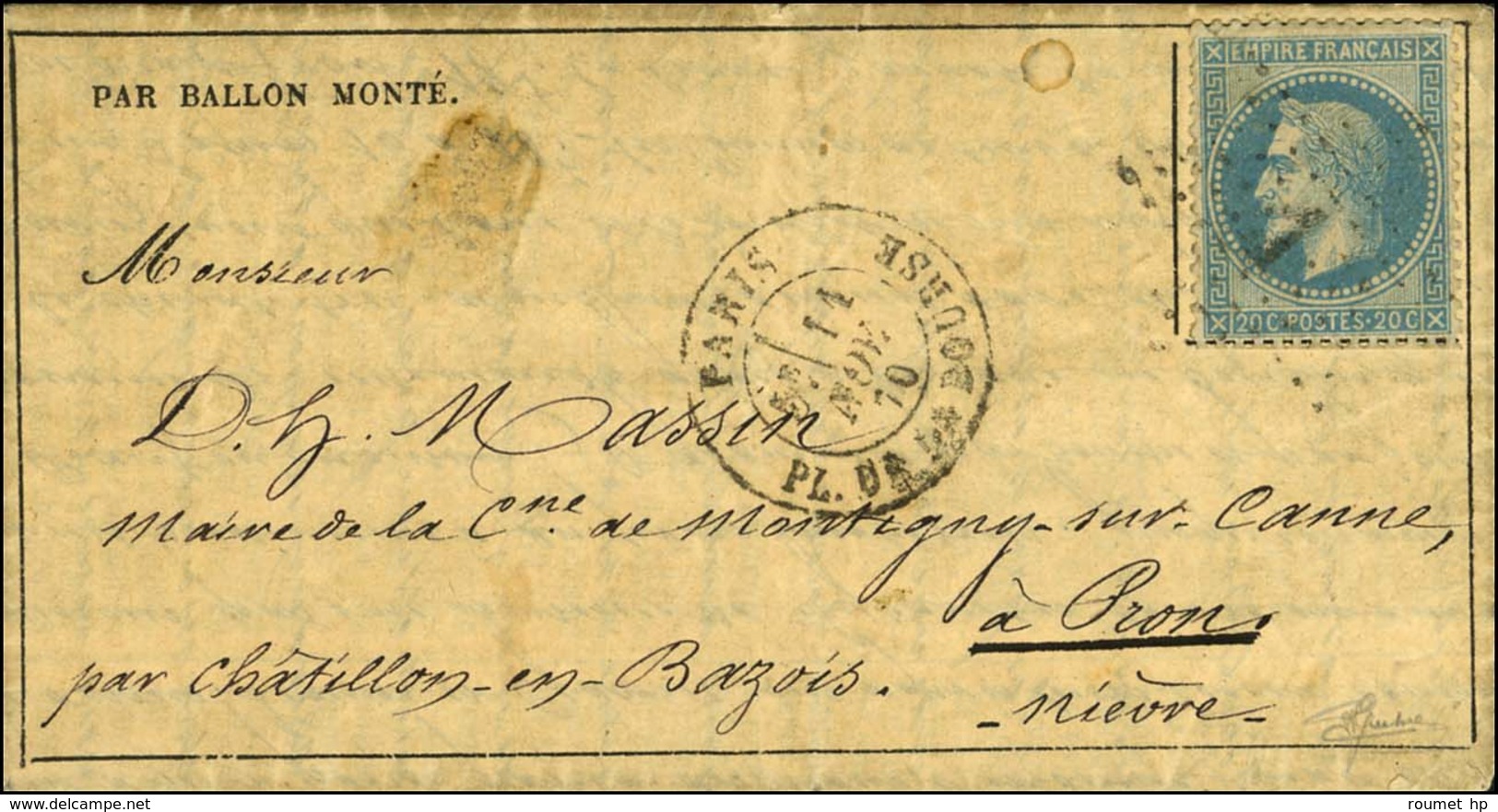 Etoile 1 / N° 29 Càd PARIS / PL. DE LA BOURSE 11 NOV. 70 Sur Gazette Des Absents N° 6 Pour Montigny Sur Canne à Pron Par - Krieg 1870