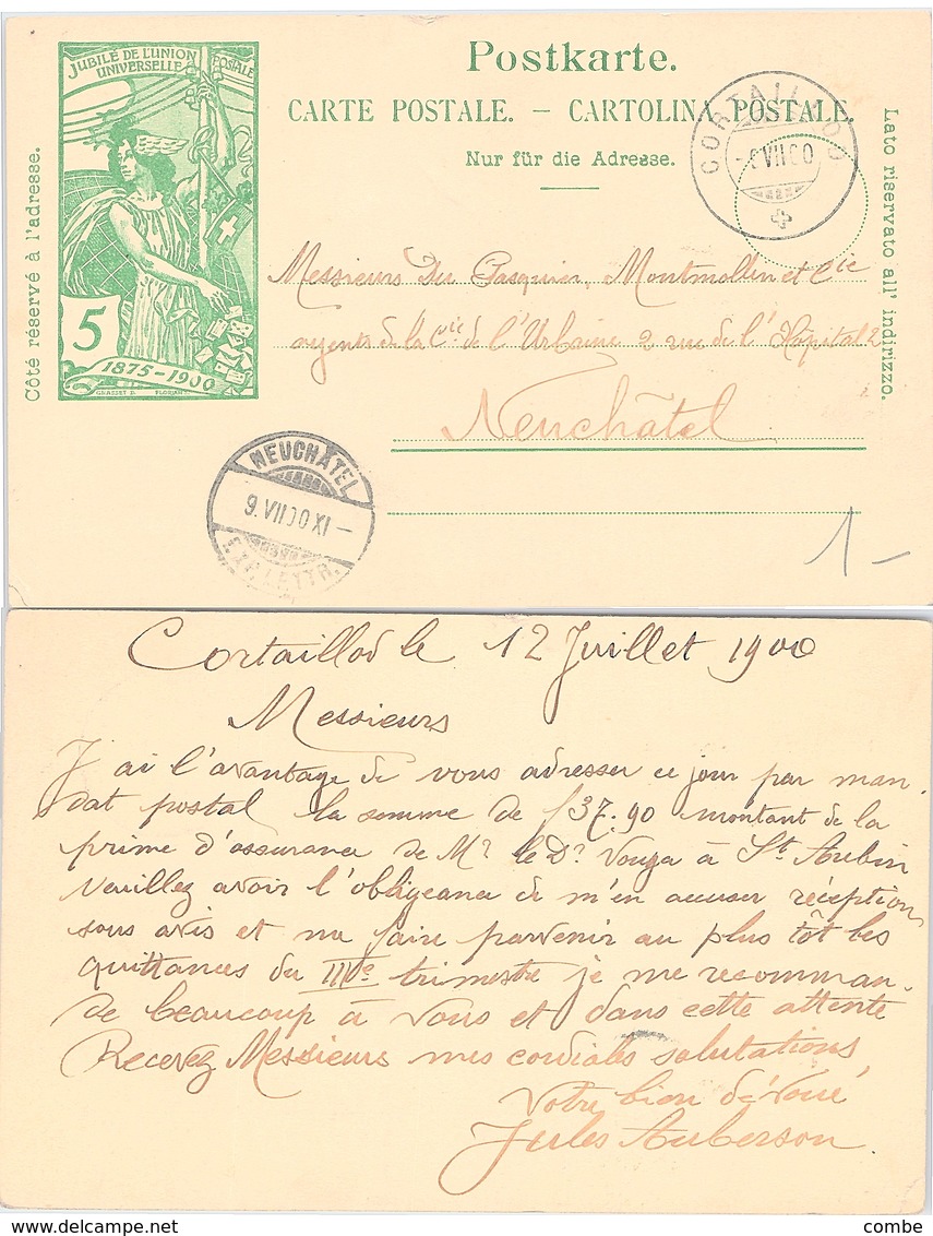 CARTE SUISSE. ENTIER UPU 5c. 9 8 1900. CORTAILLOD POUR NEUCHÂTEL - Covers & Documents