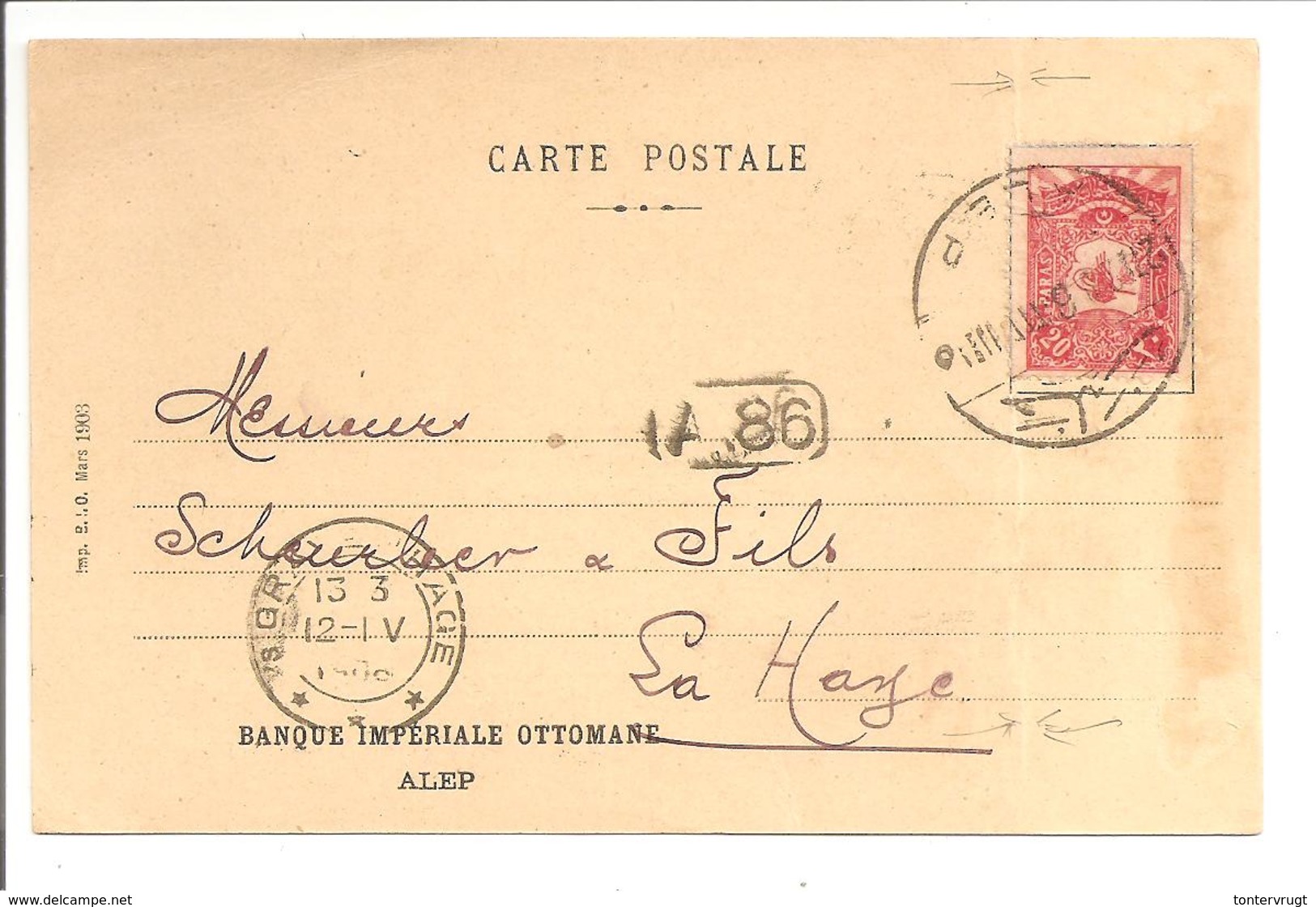 ALEP SYRIE Ottoman Turkey 27.2.1908 Banque Impériale Ottomane>Nederland - Syrie