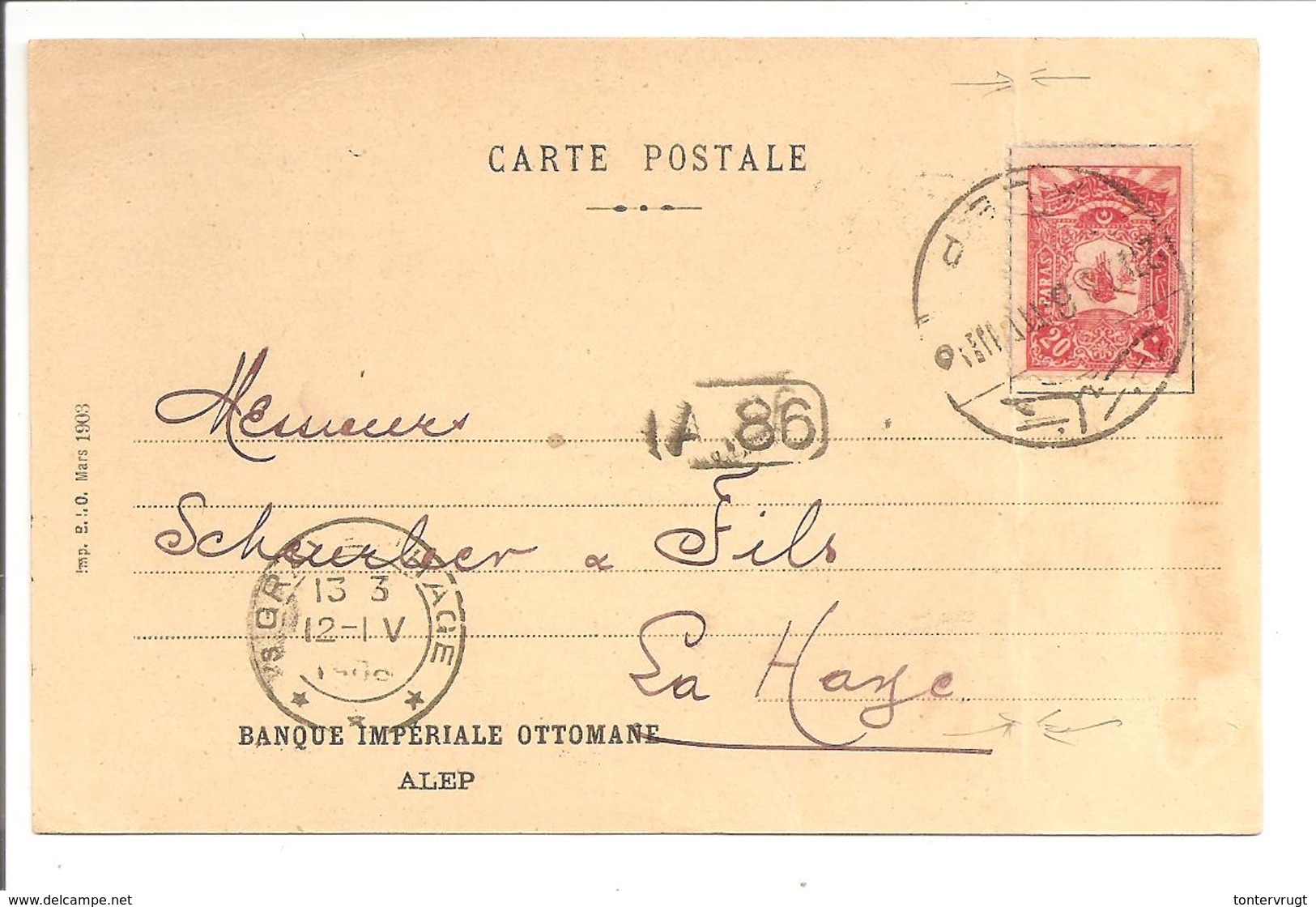 ALEP SYRIE Ottoman Turkey 27.2.1908 Banque Impériale Ottomane>Nederland - Syrien