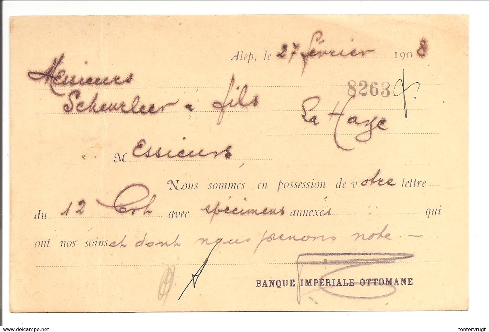 ALEP SYRIE Ottoman Turkey 27.2.1908 Banque Impériale Ottomane>Nederland - Syrie