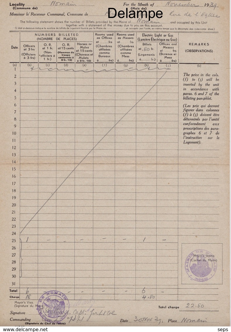 Billet De Logement Officier Britannique B.E.F , Novemnbre 1939 - Nomain  ( Nord ) - Dokumente