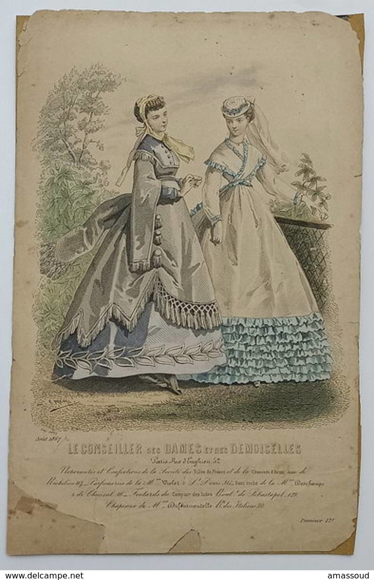 France Vintage 1867 Drawing (Le Conseiller Des Dames Et Des Demoiselles) - Lithographies