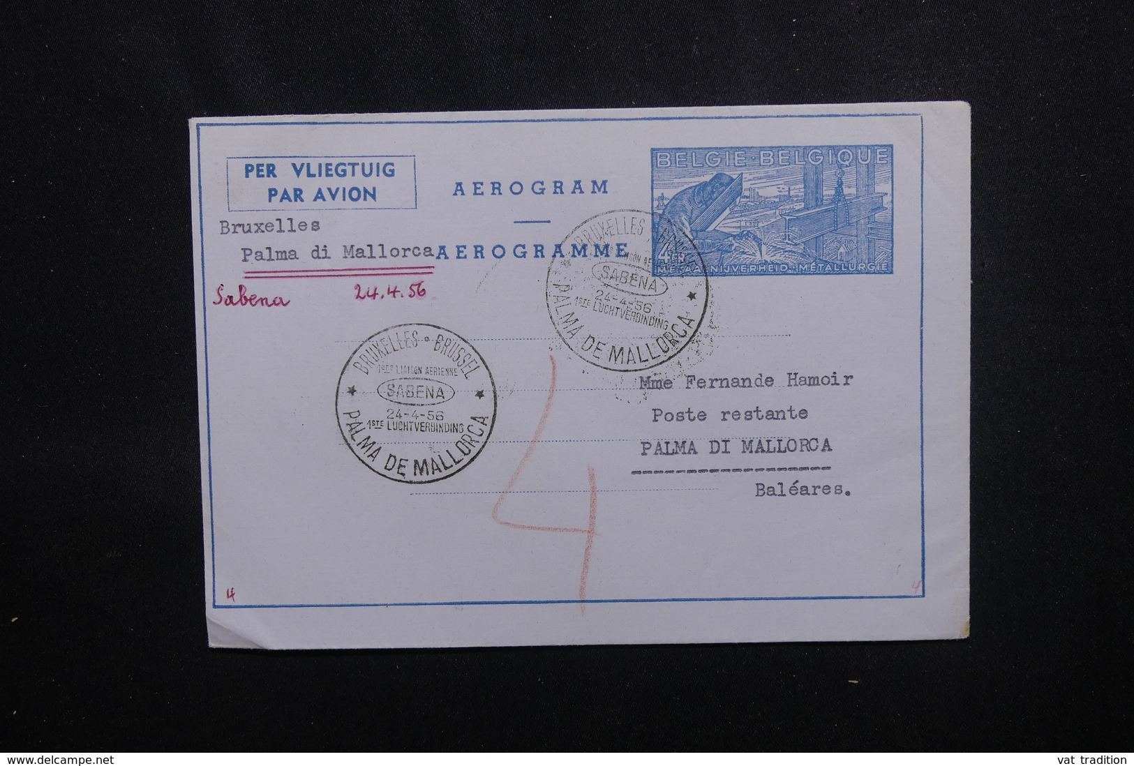 BELGIQUE - Aérogramme De Bruxelles Pour Palma De Mallorca En 1956 Par 1er Vol - L 54048 - Aerogramas