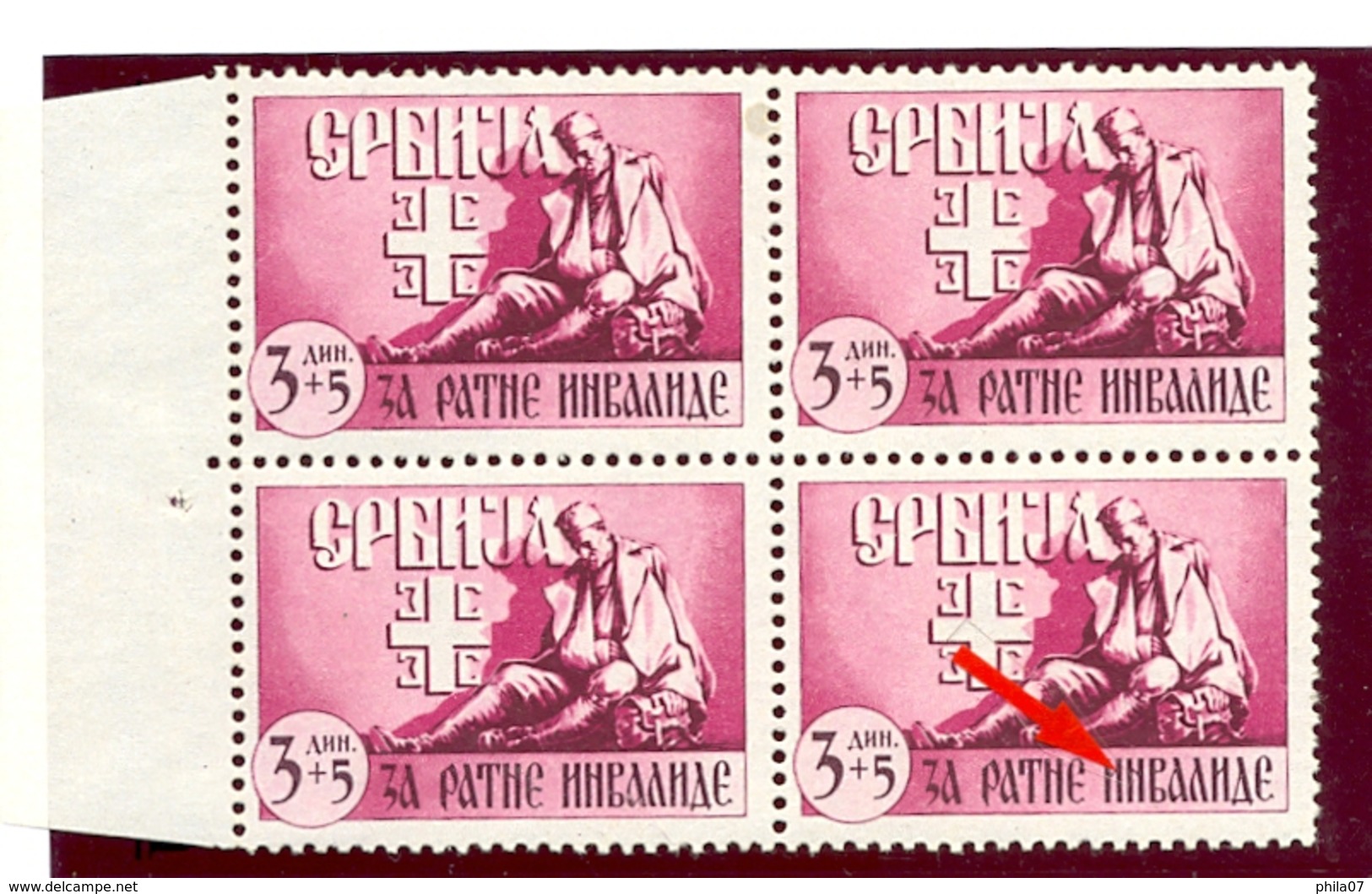 Serbia - Mi.No. 86/89 In Block Of 4 And Stamp No. 8 With Error Of Print, Broken I In INVALIDE. - Serbia