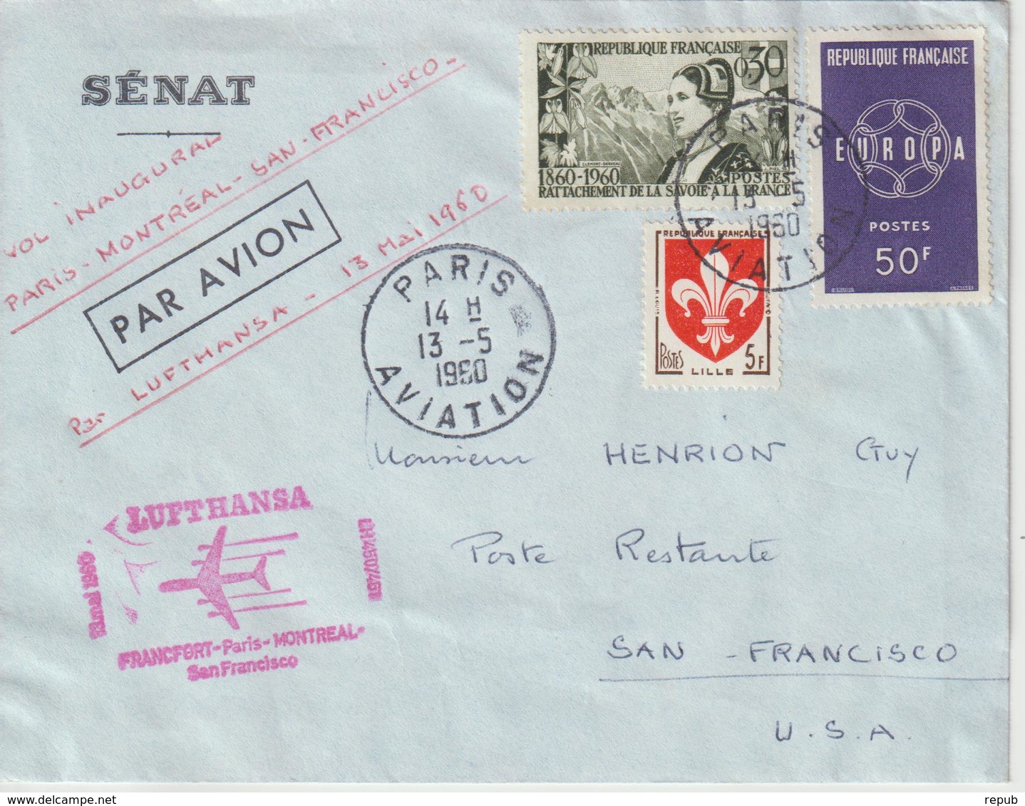 France 1960 Première Liaison Francfort Paris Montéal - Erst- U. Sonderflugbriefe