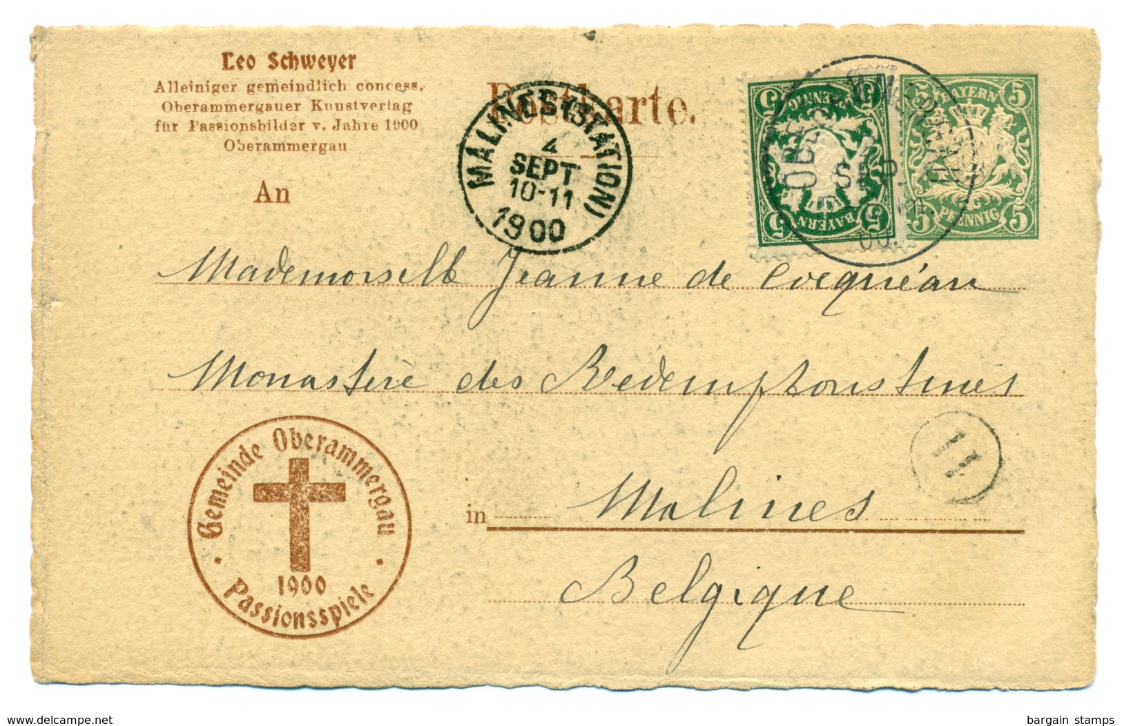 Bayern  - Y&T 39 Sur Entier 5pf De Oberammergau Vers Malines - 4 Sep 1900 - Lettres & Documents