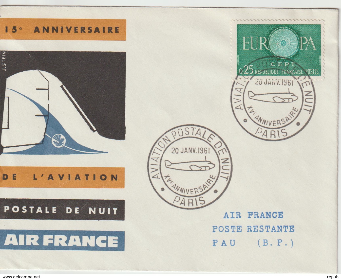 France 1961 15ème Anniversaire Postale De Nuit - Erst- U. Sonderflugbriefe