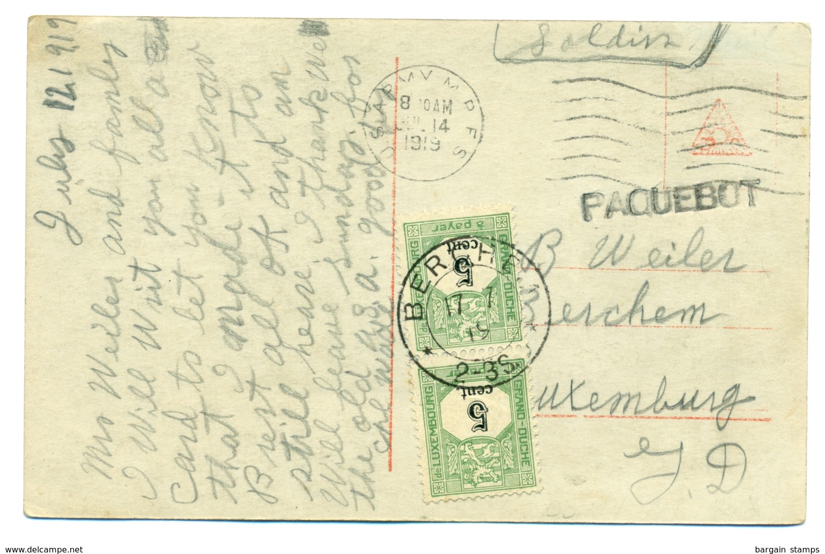 Luxembourg - 2 Timbres-taxe Y&T 1 Sur Carte U.S. Army Brest Paquebot - 1919 - Lettres & Documents