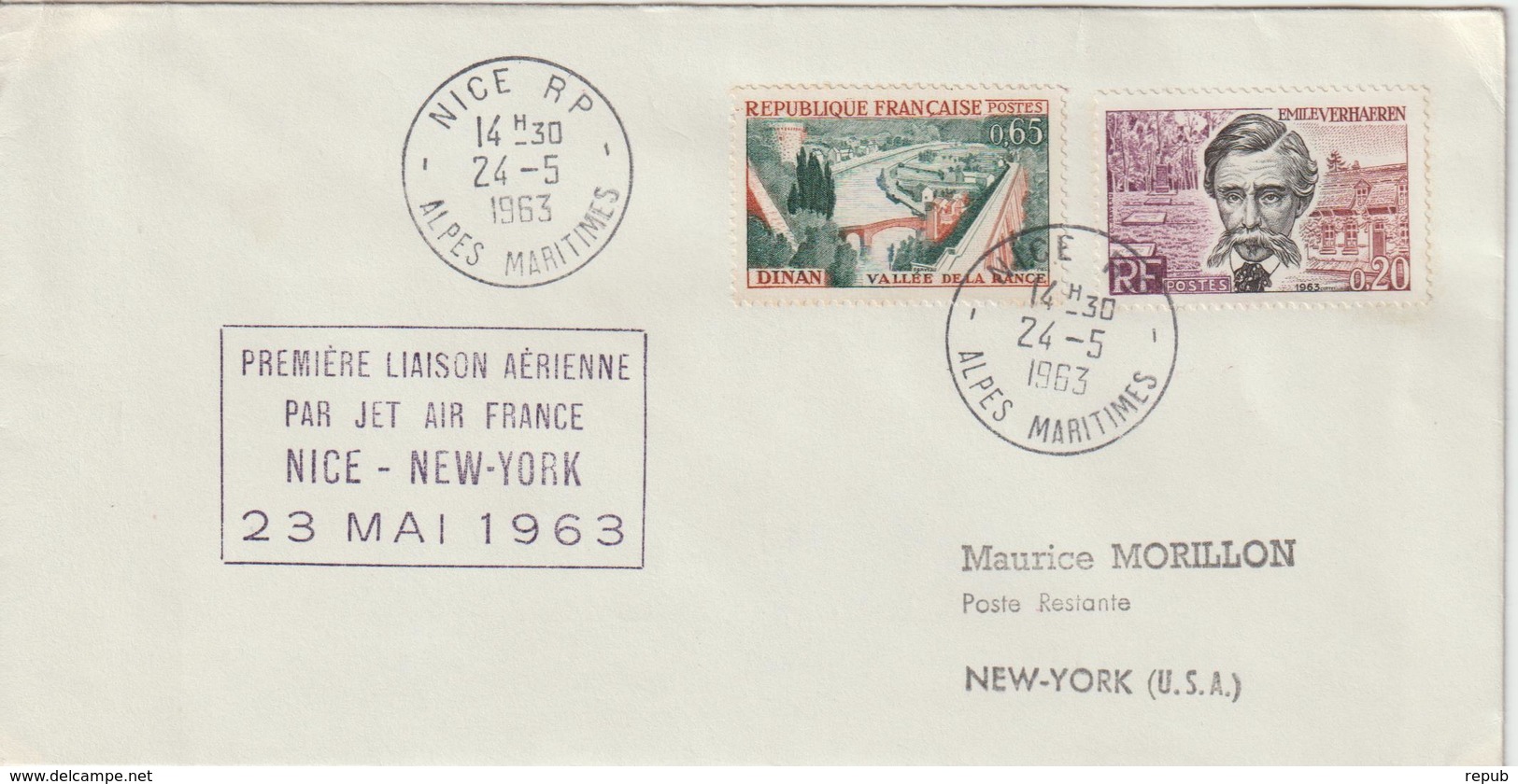 France 1963 Première Liaison Air France Nice New York - Erst- U. Sonderflugbriefe
