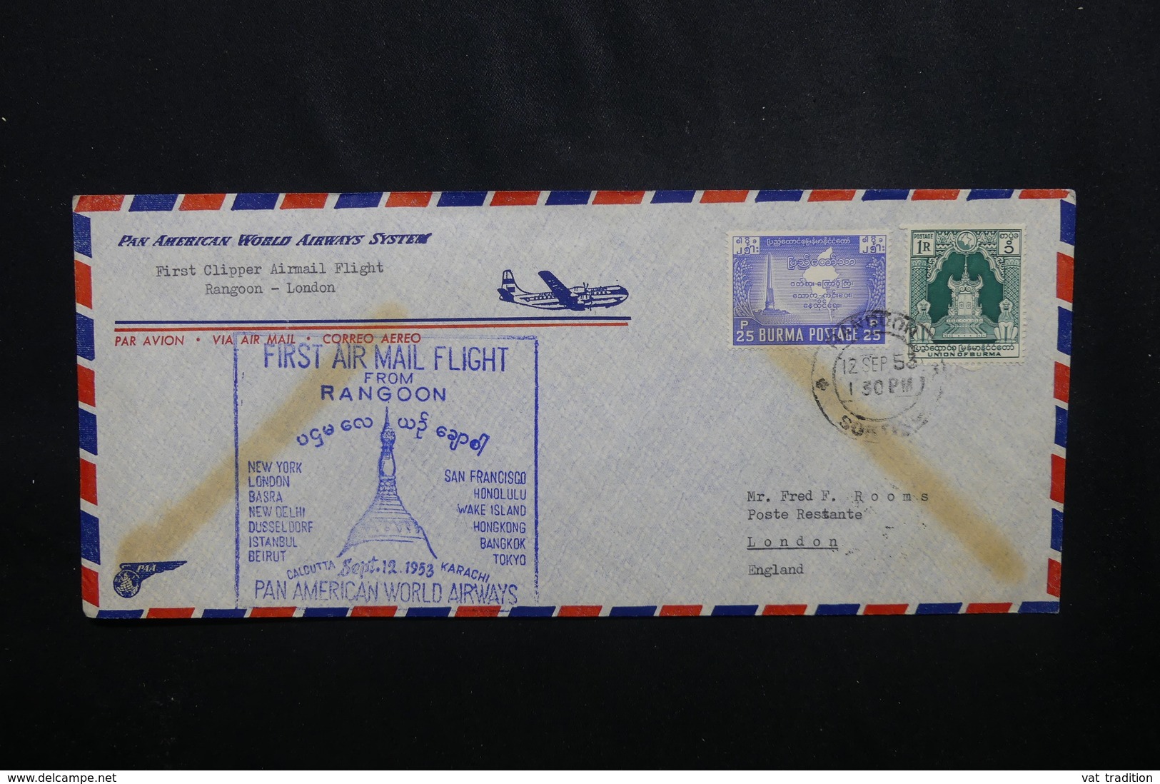 BURMA - Enveloppe Par 1er Vol Rangoon / Londres En 1953, Affranchissement Plaisant - L 54103 - Myanmar (Birmanie 1948-...)