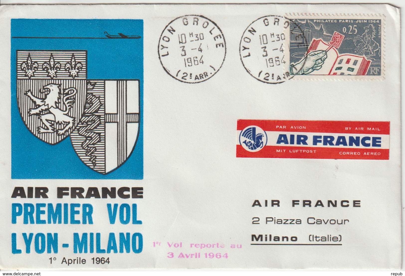 France 1964 Première Liaison Air France Lyon Milan - First Flight Covers