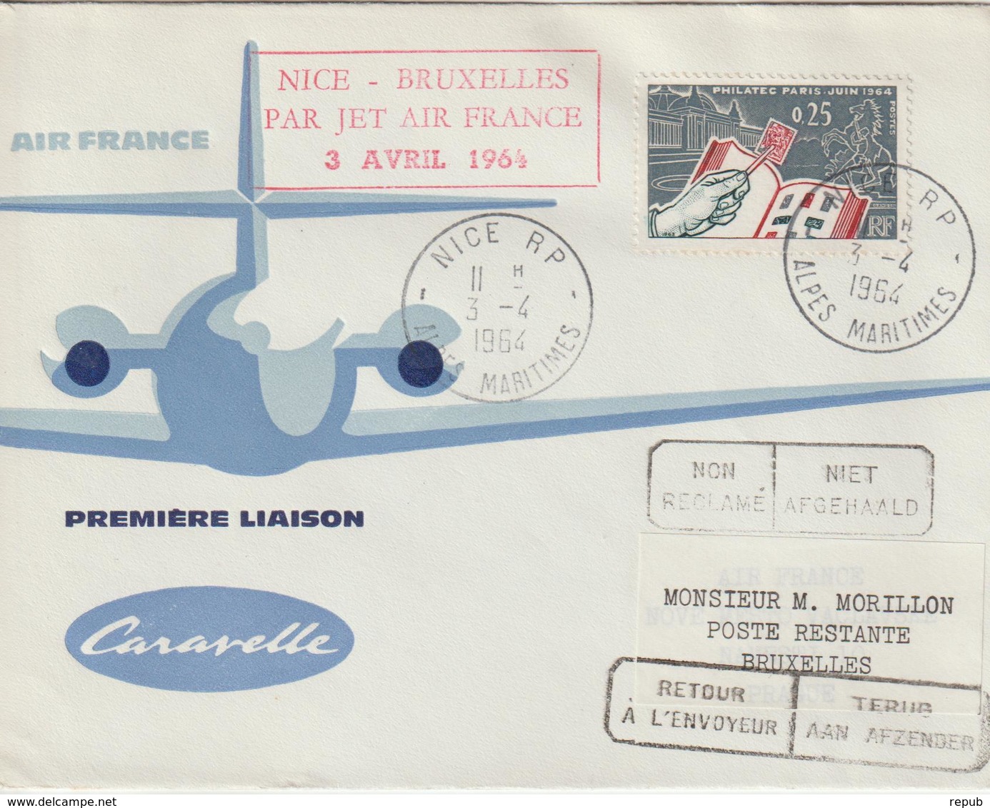 France 1964 Première Liaison Air France Nice Bruxelles - Primi Voli