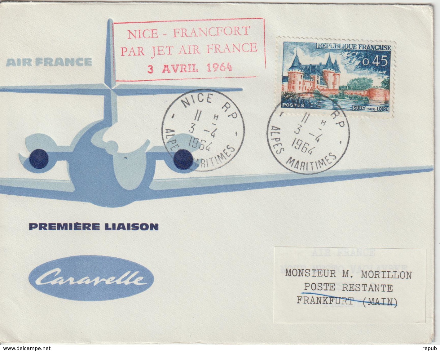 France 1964 Première Liaison Air France Nice Francfort - Erst- U. Sonderflugbriefe