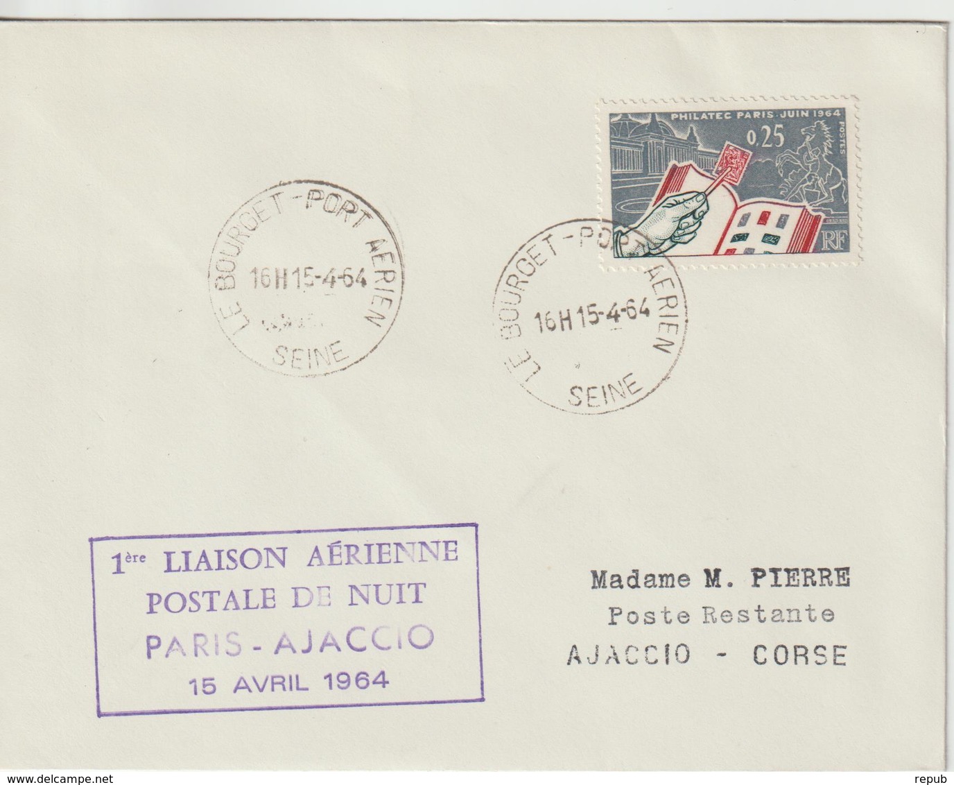 France 1964 Première Liaison Postale De Nuit Paris Ajaccio - Primeros Vuelos