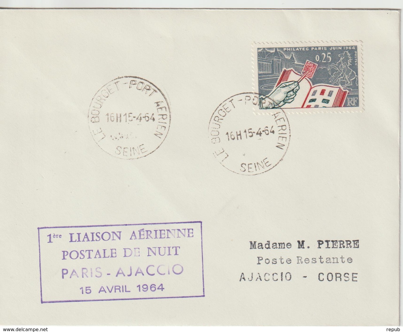 France 1964 Première Liaison Postale De Nuit Paris Ajaccio - Erst- U. Sonderflugbriefe