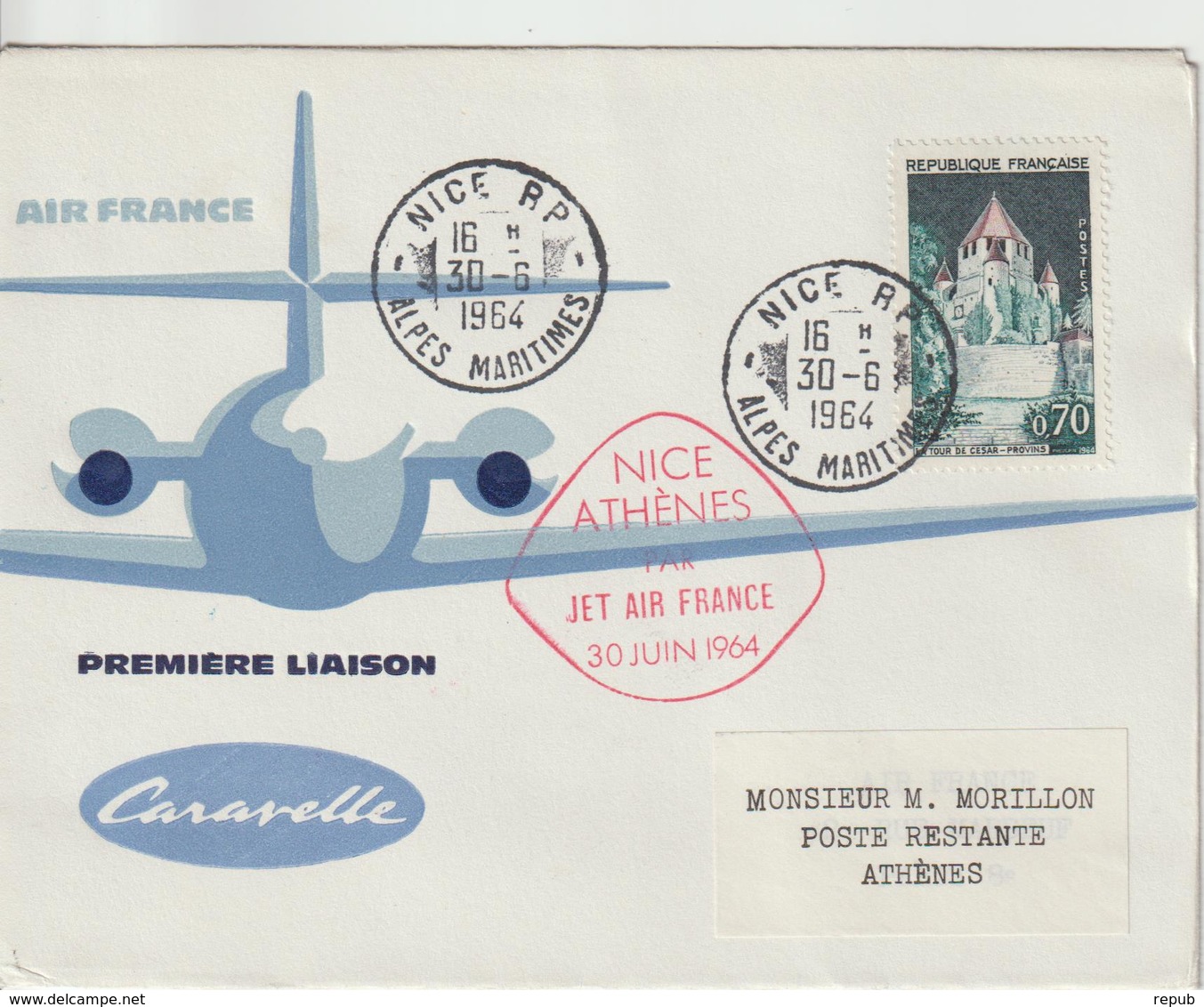 France 1964 Première Liaison Air France Nice Athènes - Erst- U. Sonderflugbriefe