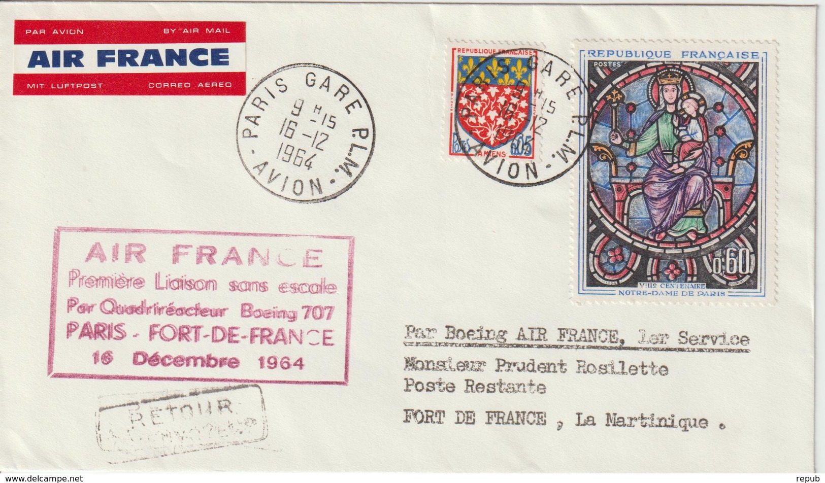 France 1964 Première Liaison Air France Paris Fort De France - Primi Voli