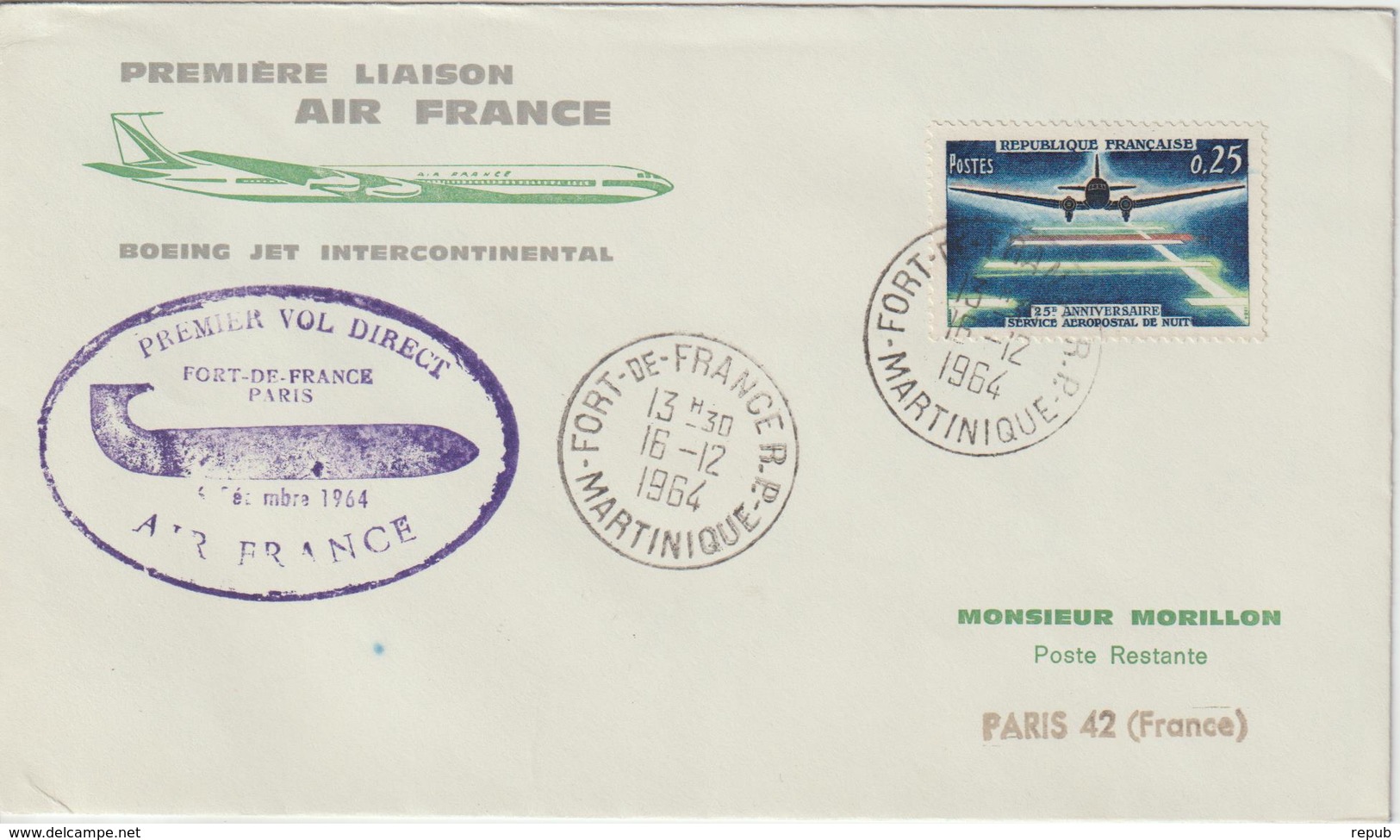 France 1964 Première Liaison Air France Fort De France Paris - Erst- U. Sonderflugbriefe