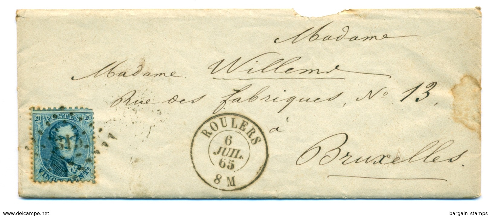 Belgique - COB 15 Sur Lettre De Roulers Vers Bruxelles - 6 Juil 1865 - 1863-1864 Medallones (13/16)