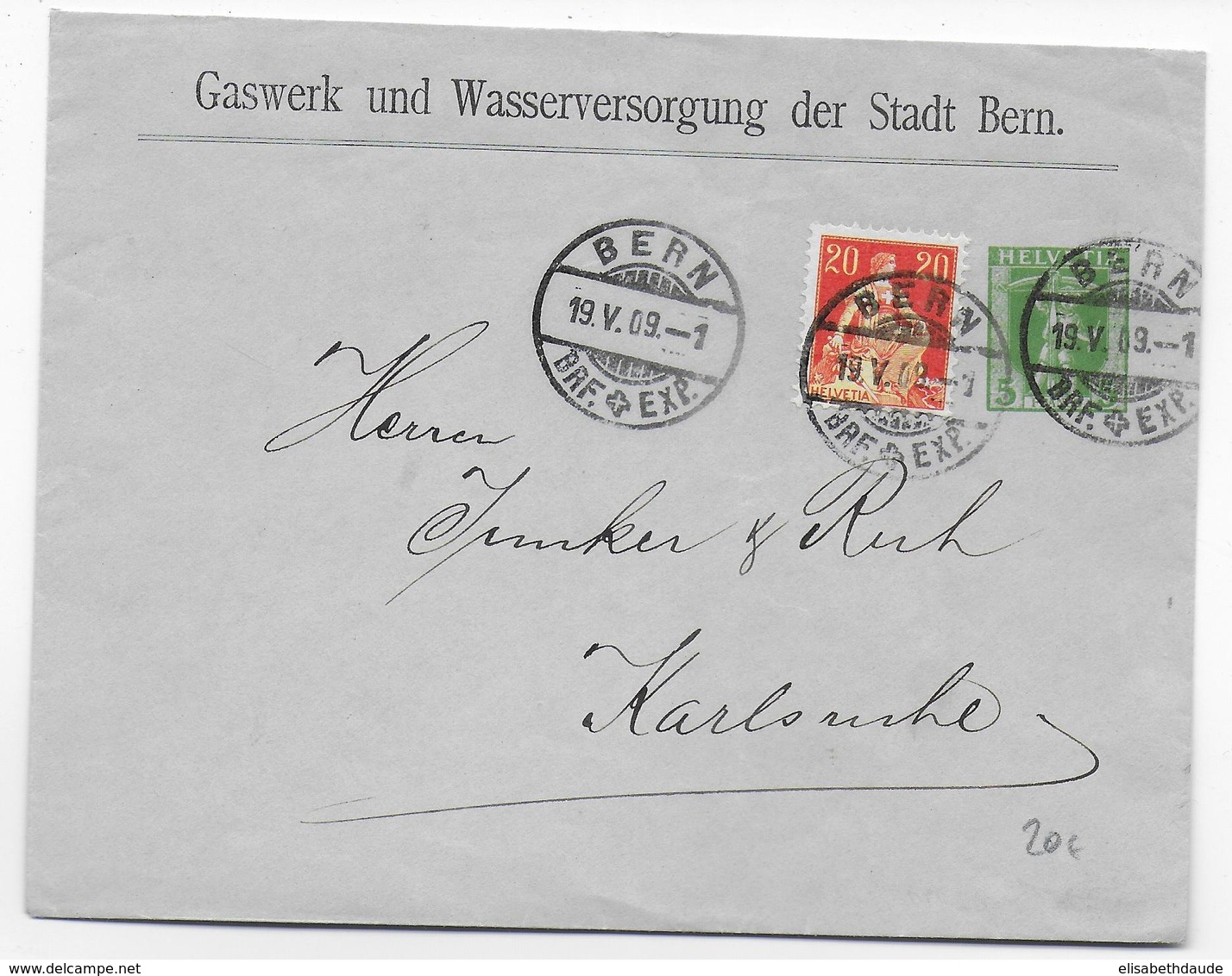 SUISSE - 1909 - SUPERBE ENVELOPPE ENTIER PRIVE De BERN Avec COMPLEMENT AFFR. => KARLSRUHE (GERMANY) - Ganzsachen