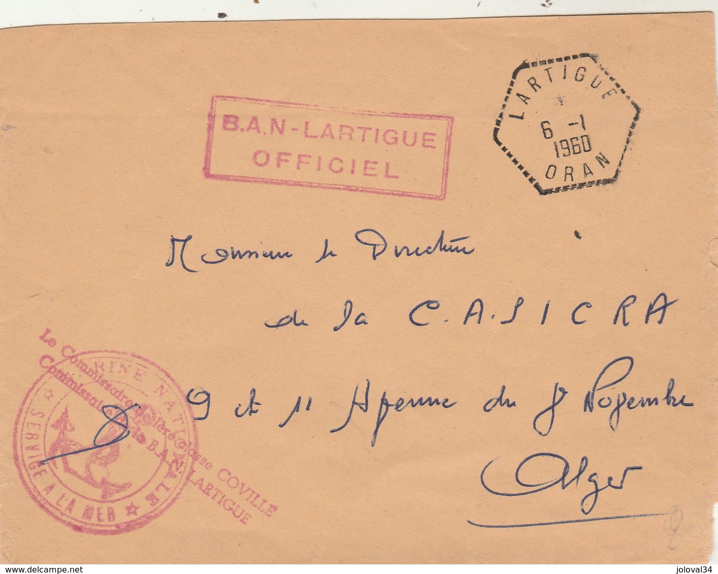 Lettre Franchise  Cachet BAN OFFICIEL LARTIGUE + LARTIGUE Oran 6/1/1960 Algérie - Seepost