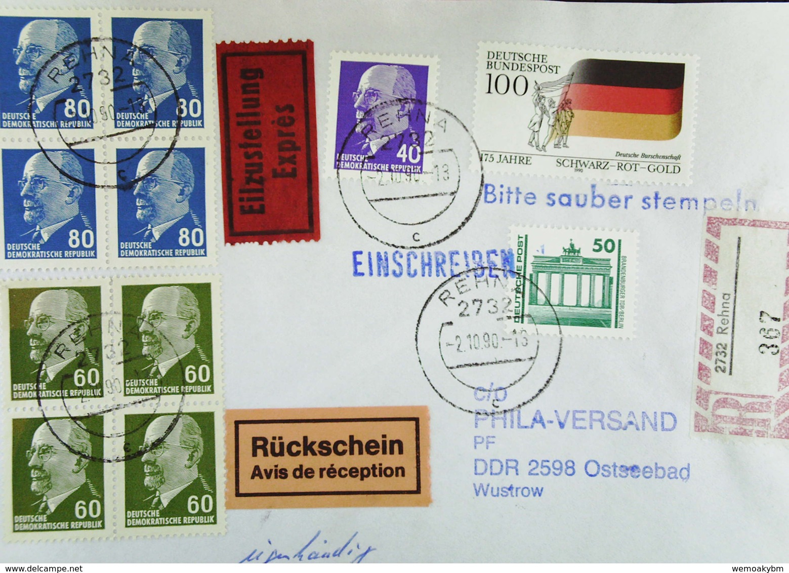 DDR-WU: Eil-R-Bf Mit Rs U. Eigenh.in MiF Mit Alter Währg Und Bund-SoMke V.Letzttag Der DDR -2.10.90 Aus 2732 Rehna (367) - Etichette Di Raccomandazione