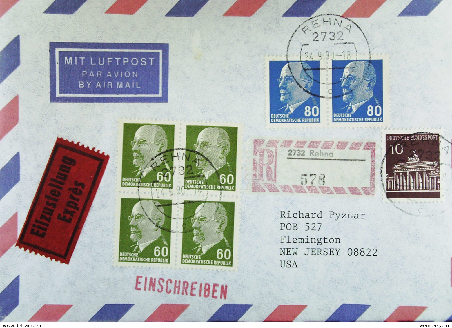 DDR-WU: Ausl-Eil-Lp-R-Bf MiF Ulbricht (60 Pf 4-er Bl. U 80 Pf Im Paar) Und Bund V 24.9.90 Aus 2732 Rehna (578) Nach USA - Airmail