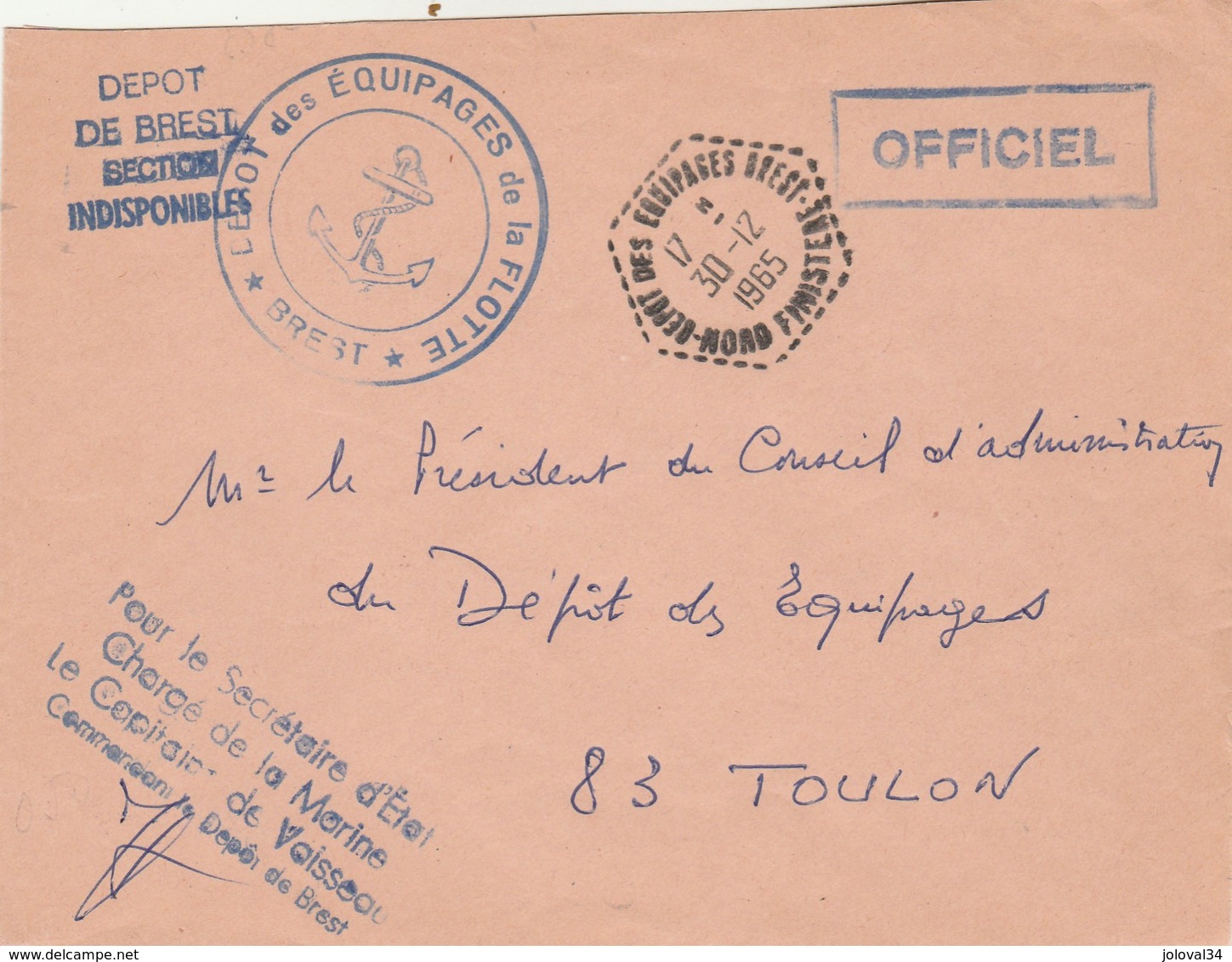 Lettre Franchise Cachet OFFICIEL Griffe DEPOT BREST SECTION INDISPONIBLES + Dépôt De Equipages Brest 30/12/1965 - Posta Marittima