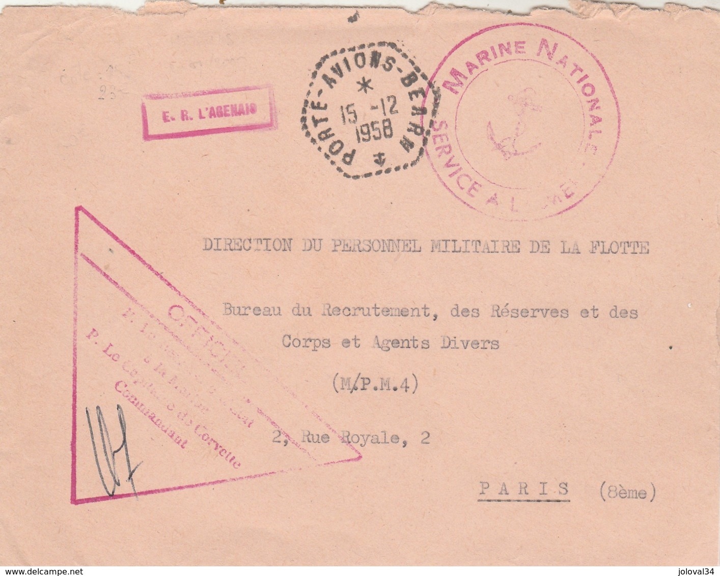 Lettre Franchise Griffe ER L AGENAIS + Cachet Marine Nationale + Porte Avions Béarn 15/12/1958 - Posta Marittima