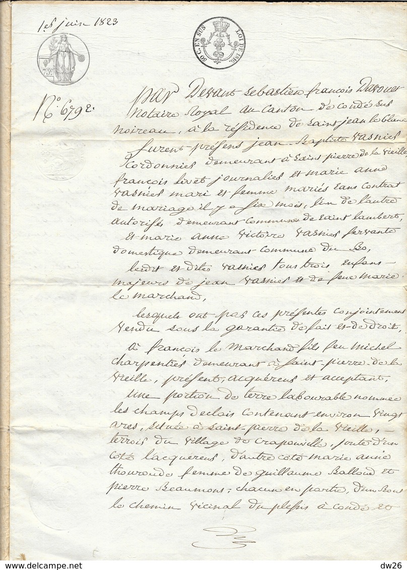 Acte Notarié 1er Juin 1823 - Vente à François Lemarchand Par Me Davoult (Champs à St Pierre La Vieille, Crapouville) - Manuscrits