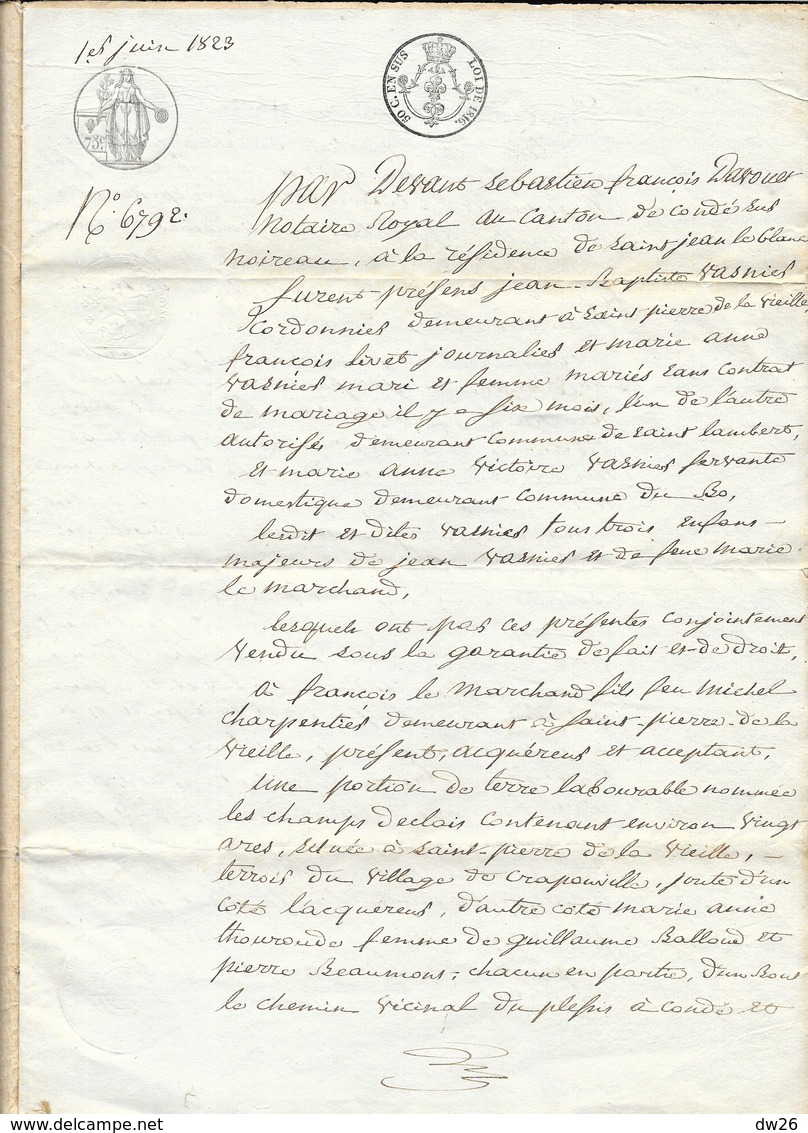 Acte Notarié 1er Juin 1823 - Vente à François Lemarchand Par Me Davoult (Champs à St Pierre La Vieille, Crapouville) - Manuscritos