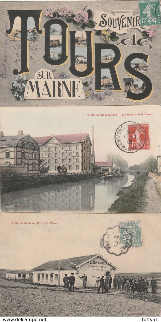 3 CPA:TOURS SUR MARNE (51) LE STAND TIR ESPÉRANCE,MOULIN ET CANAL,SOUVENIR VUES DANS LES LETTRES..ÉCRITES - Andere & Zonder Classificatie