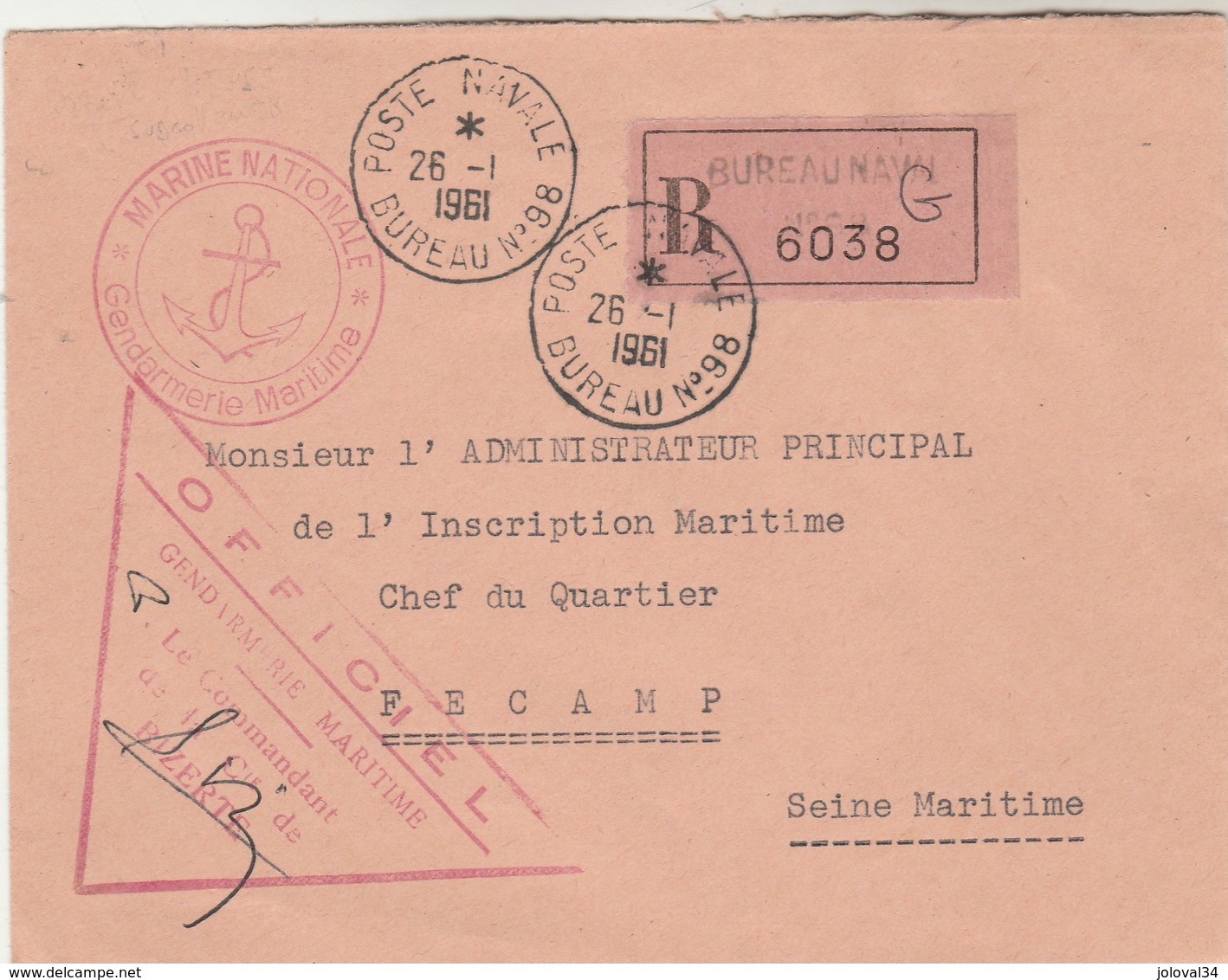 Lettre Franchise Recommandée Cachet POSTE NAVALE BUREAU N° 98 ( Bizerte Tunisie ) 26/1/1961 Pour Fécamp - Seepost