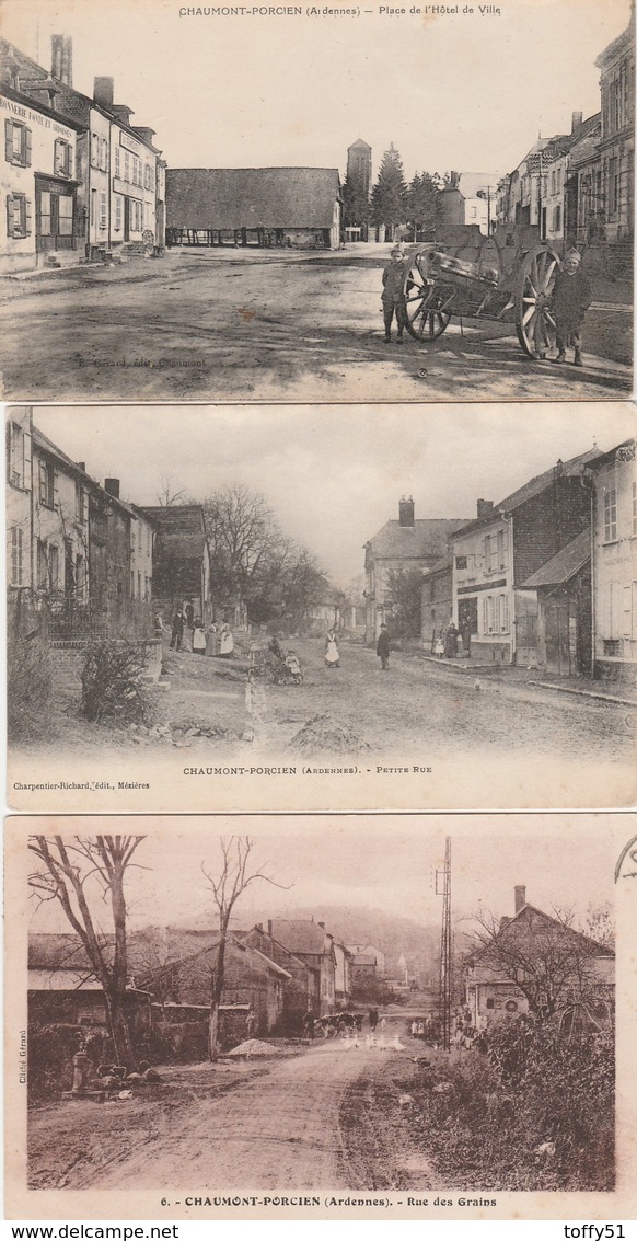 3 CPA:CHAUMONT PORCIEN (08) RUE DES GRAINS,PETITE RUE,BONNETERIE FONTE CANON SUR CHARRETTE PLACE HÔTEL DE VILLE..ÉCRITES - Autres & Non Classés