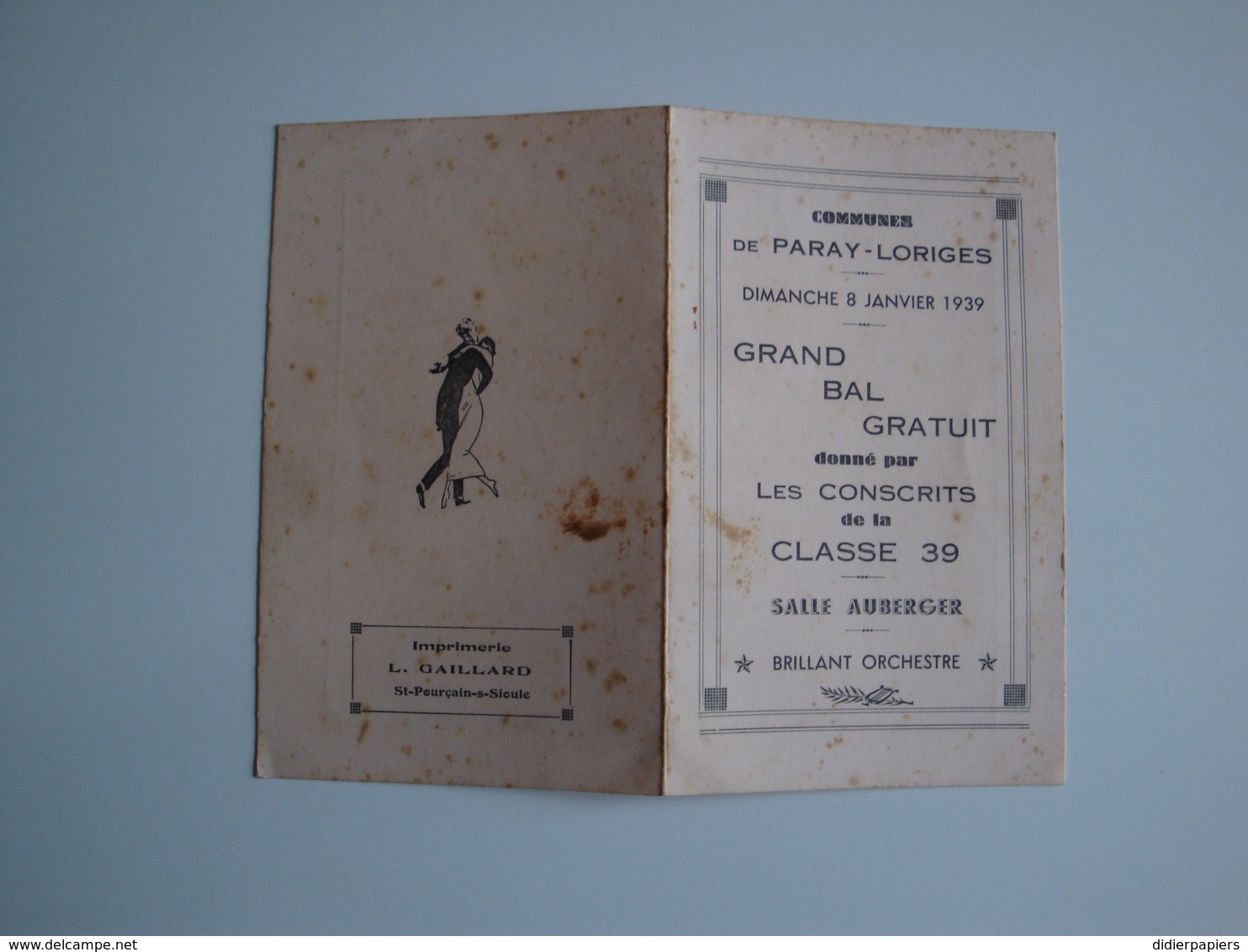 Carte D'invitation Au Grand Bal Donné Par Les Conscrits De Paray-Loriges Le 8 Janvier 1939 - Autres & Non Classés